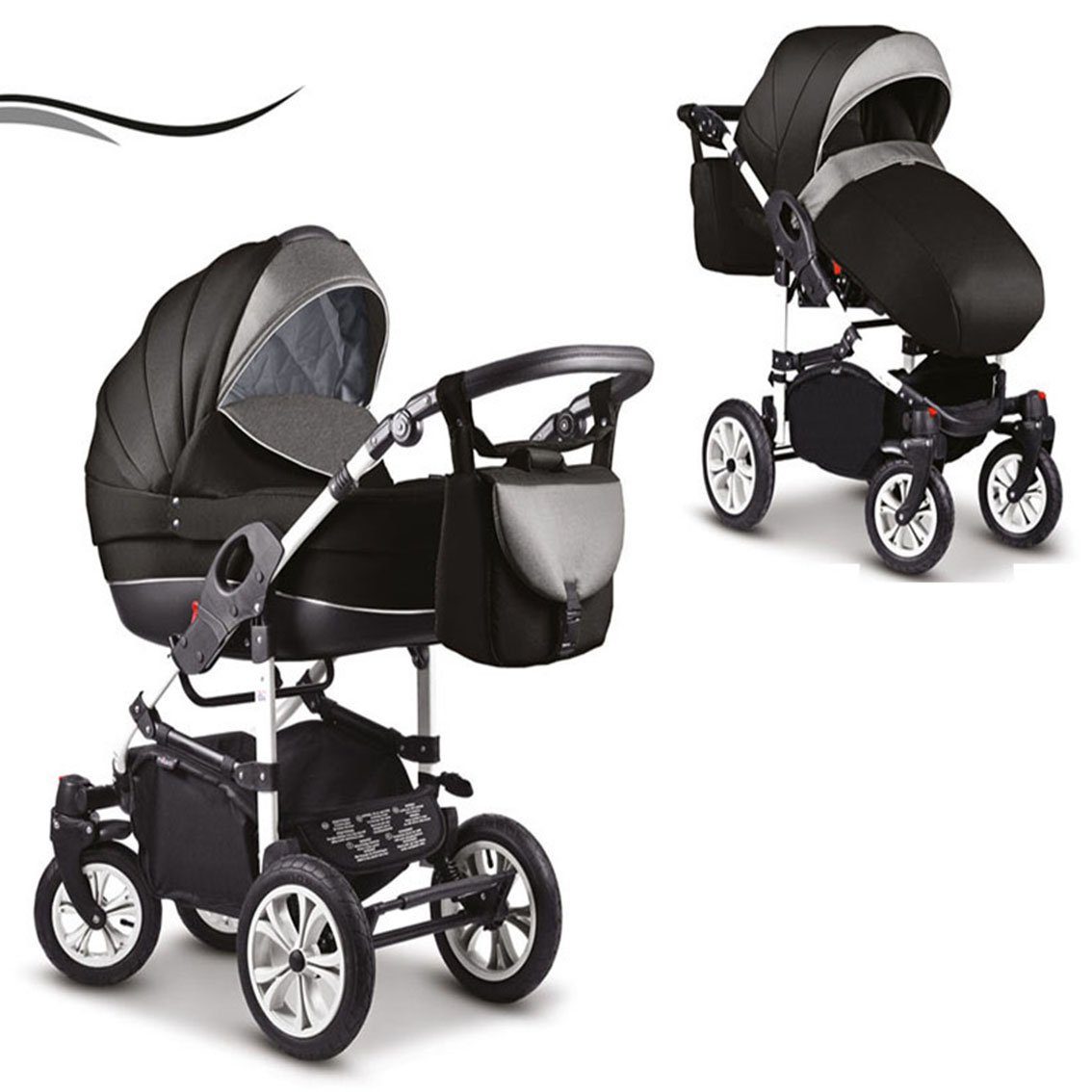 babies-on-wheels Kombi-Kinderwagen 2 in 1 Kinderwagen-Set Cosmo - 13 Teile - in 16 Farben Schwarz-Grau