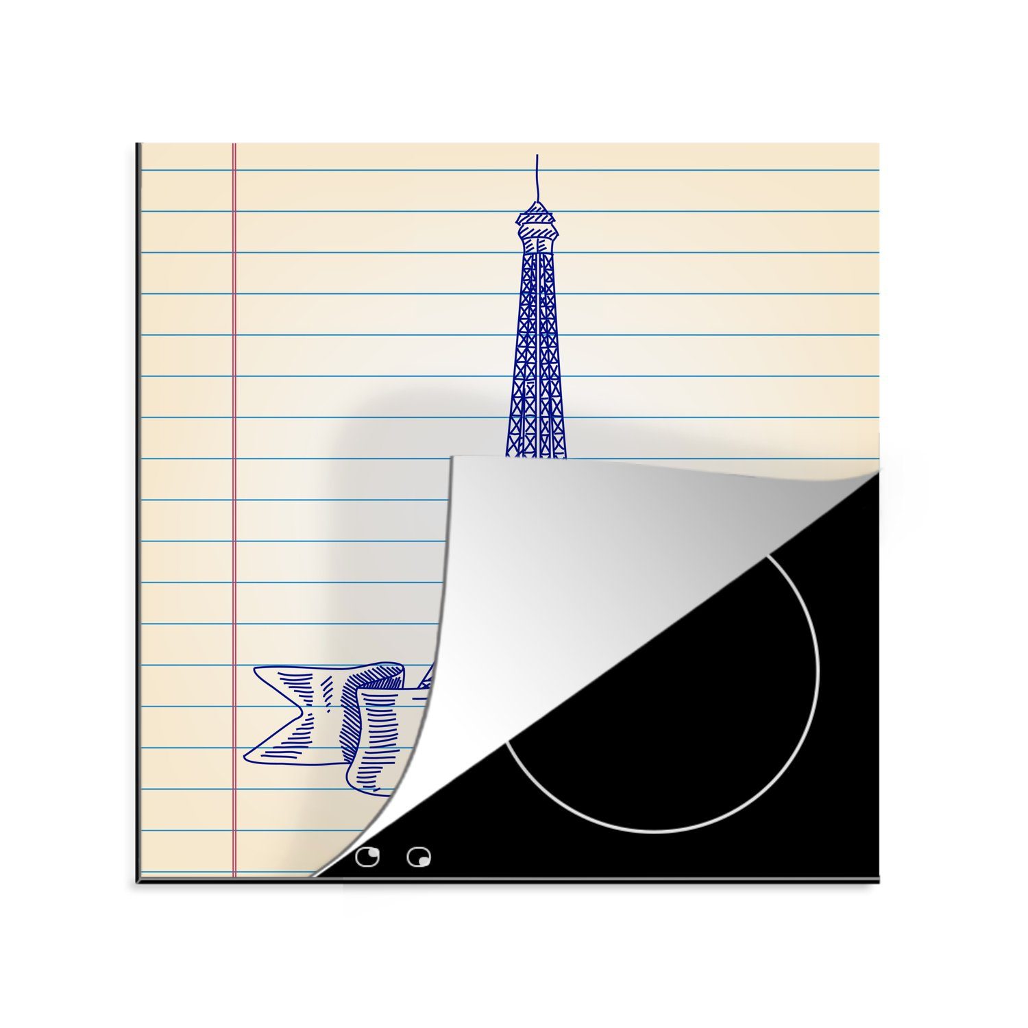 Illustration MuchoWow tlg), Herdblende-/Abdeckplatte in 78x78 (1 Blau, Delfter Eine küche Arbeitsplatte Eiffelturms cm, des Ceranfeldabdeckung, für Vinyl,