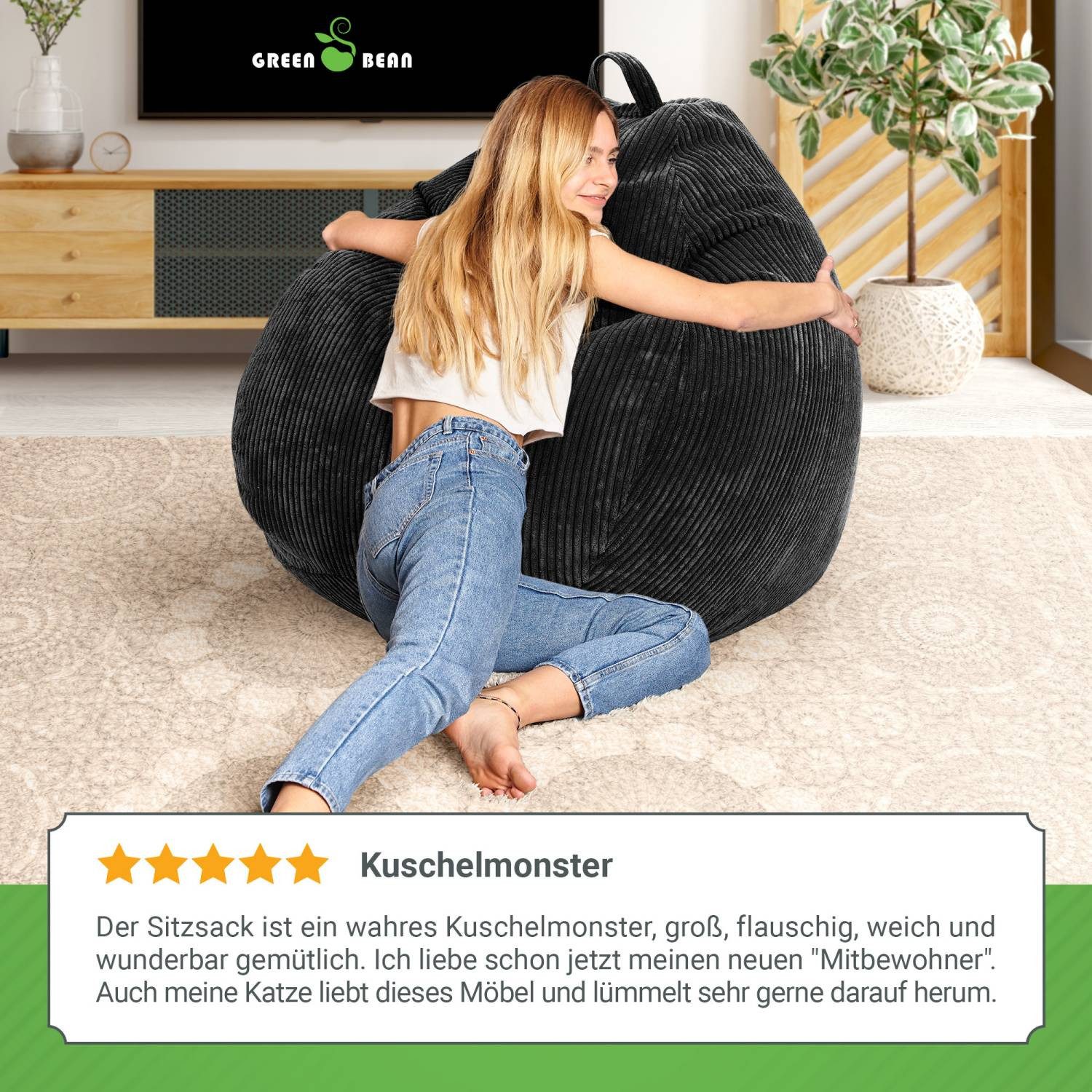 Green Bean Sitzsack Indoor Sitzsack Scoop 90x110cm - Cord (Indoor Sitzsack 90x110cm aus Cordstoff mit EPS-Perlen Füllung, Kuschelig Weich Waschbar - Drinnen Bod – Bild 4 von 5