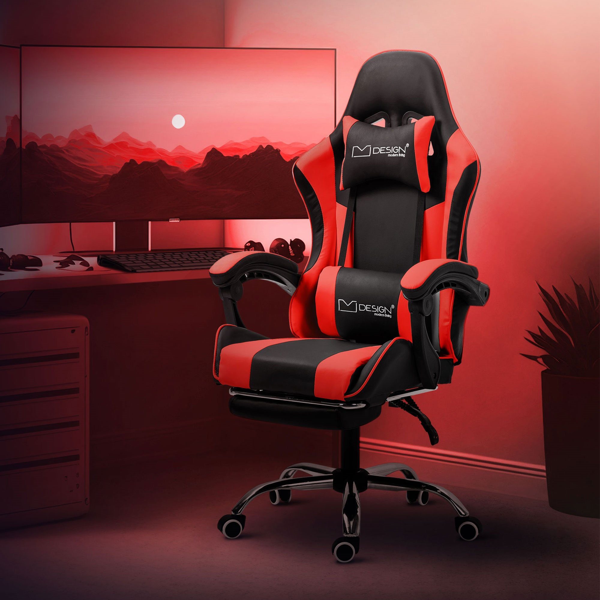 ML-DESIGN Gaming-Stuhl Massage Gamingstuhl Racing Gamer Stuhl mit Armlehne, Bürostuhl, aus PU-Leder, verstellbar, Kopfstütze, Lendenkissen, Fußstütze Rot