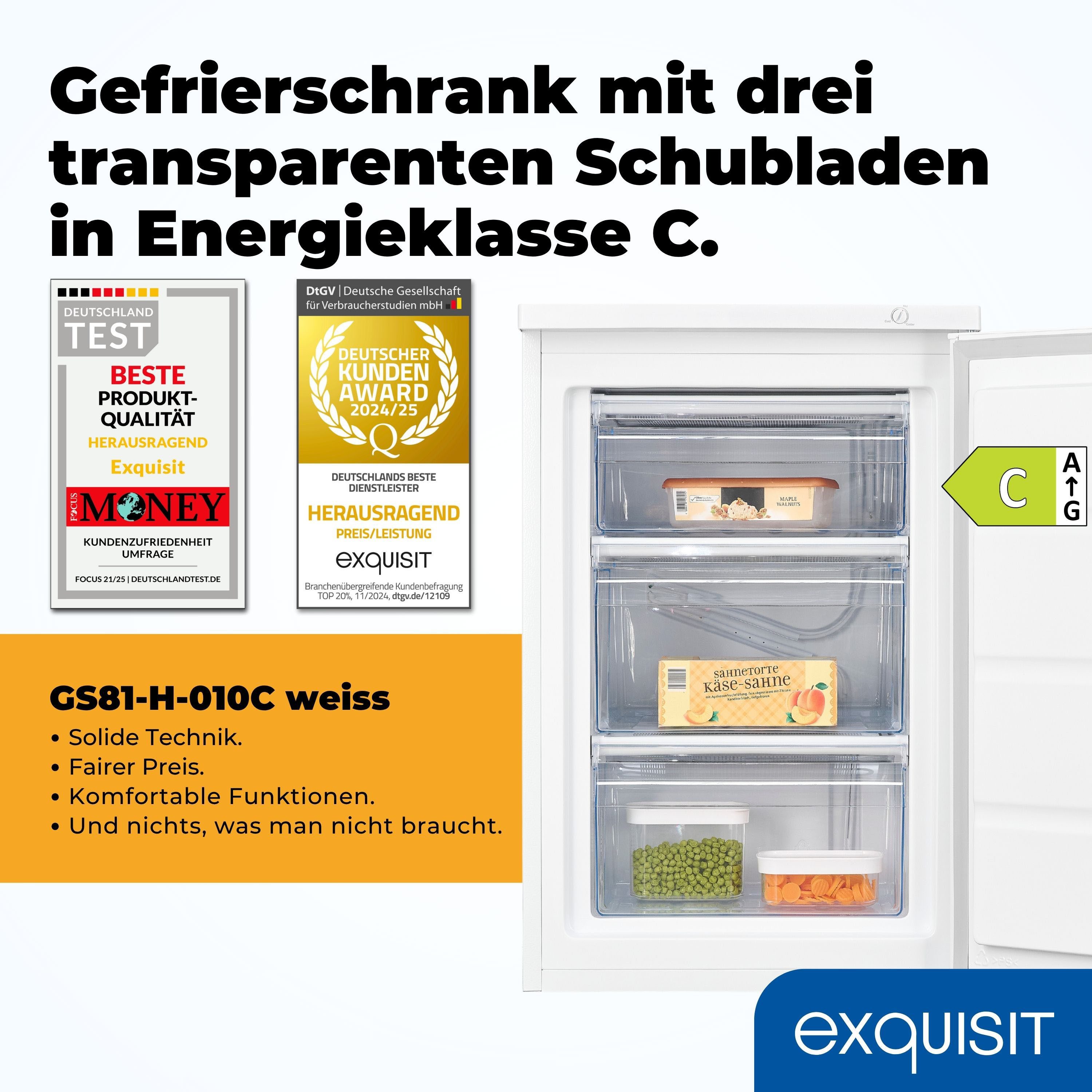 exquisit Gefrierschrank GS81-H-010C weiss, 84,5 cm hoch, 56 cm breit, Türgriff für Komfort, flexible Gefrierschubladen für mehr Ordnung