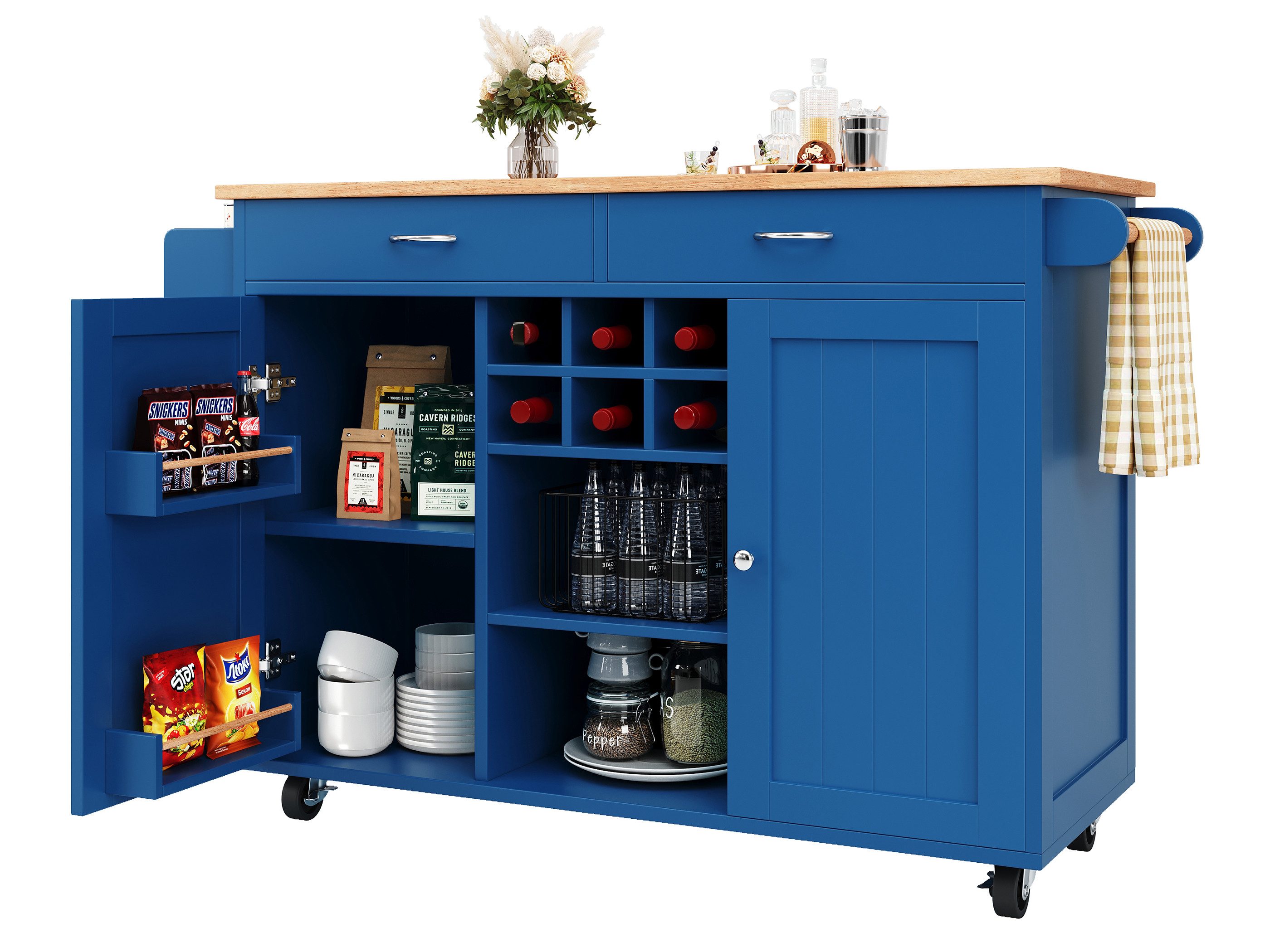 SeedWave Кухниinsel mit Arbeitsplatte, 6 Weinflaschenhalter, Verstellbare Regale, Türablagen, 2 Schubladen, 360° drehbare feststellbare Rollen