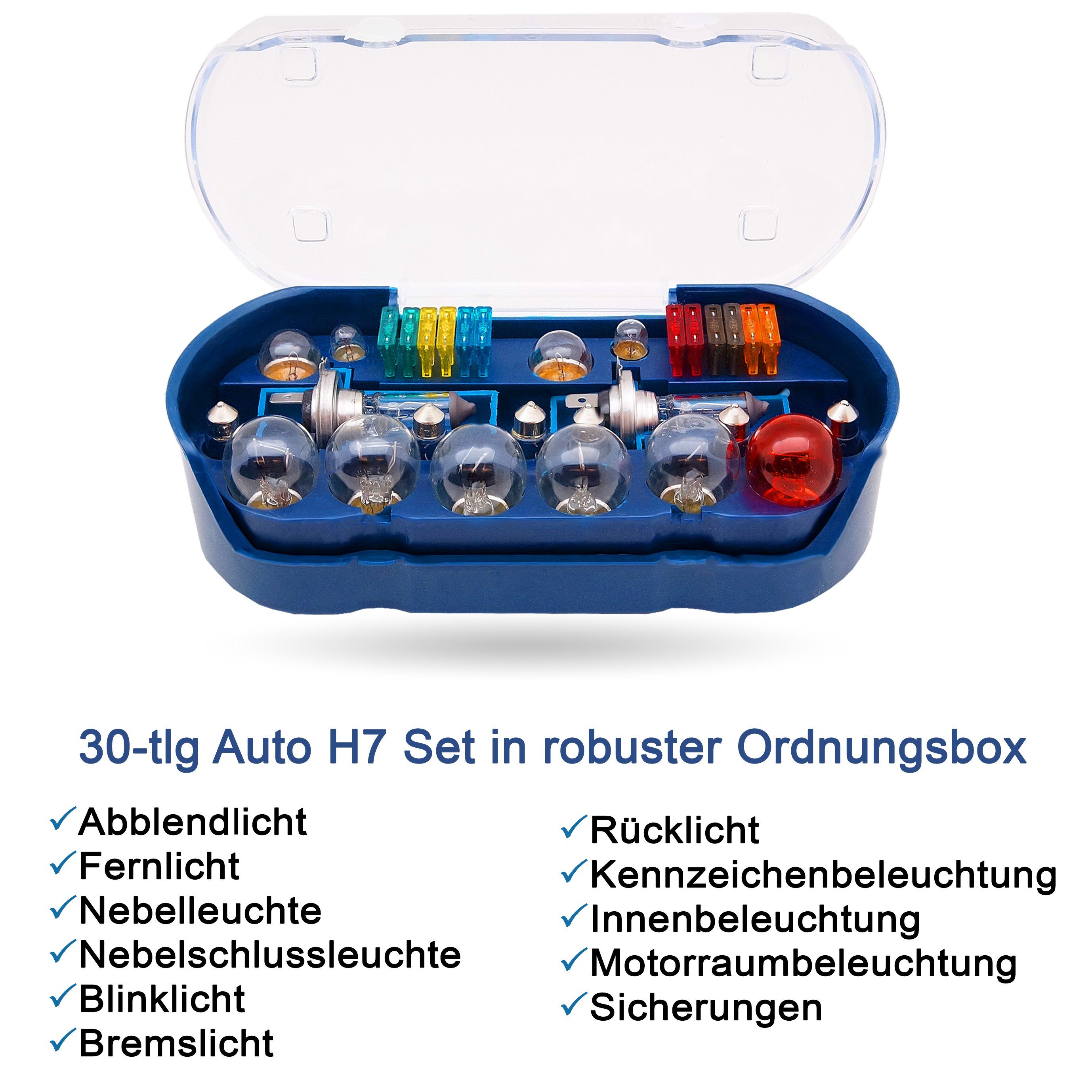 bemiX KFZ-Ersatzleuchte H7 Autolampen Set mit Sicherungen 30tlg PKW Ersatzlampenbox Auto Lampe, H7-PKW, Warmweiß, Autolampen 12 Volt – Bild 3 von 5