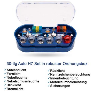 bemiX KFZ-Ersatzleuchte H7 Autolampen Set mit Sicherungen 30tlg PKW Ersatzlampenbox Auto Lampe, H7-PKW, Warmweiß, Autolampen 12 Volt