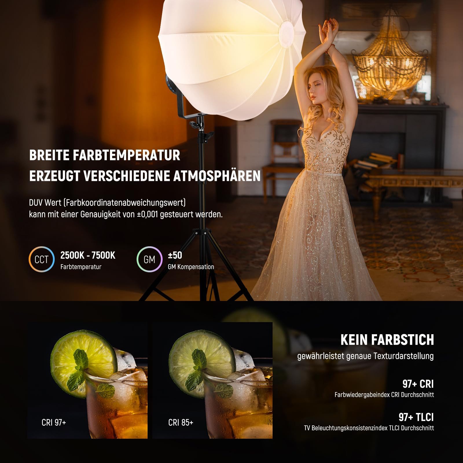 Neewer Videoleuchte CB300C 300W RGB LED Videolicht, mit Reflektor, APP& 2,4G Steuerung, 2500K-7500K CRI97+, 17 Szeneneffekte, Bowens Mount, für Studio – Bild 5 von 5