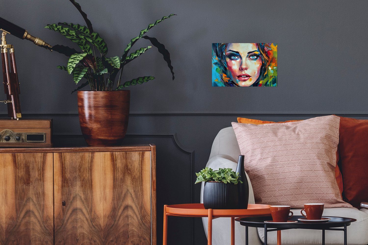 MuchoWow Poster Gesicht - Frau - Ölfarbe - Farbenfroh - Kunst, (1 St), Poster, Wandbild, Wandposter für Wohnzimmer, Ohne Rahmen