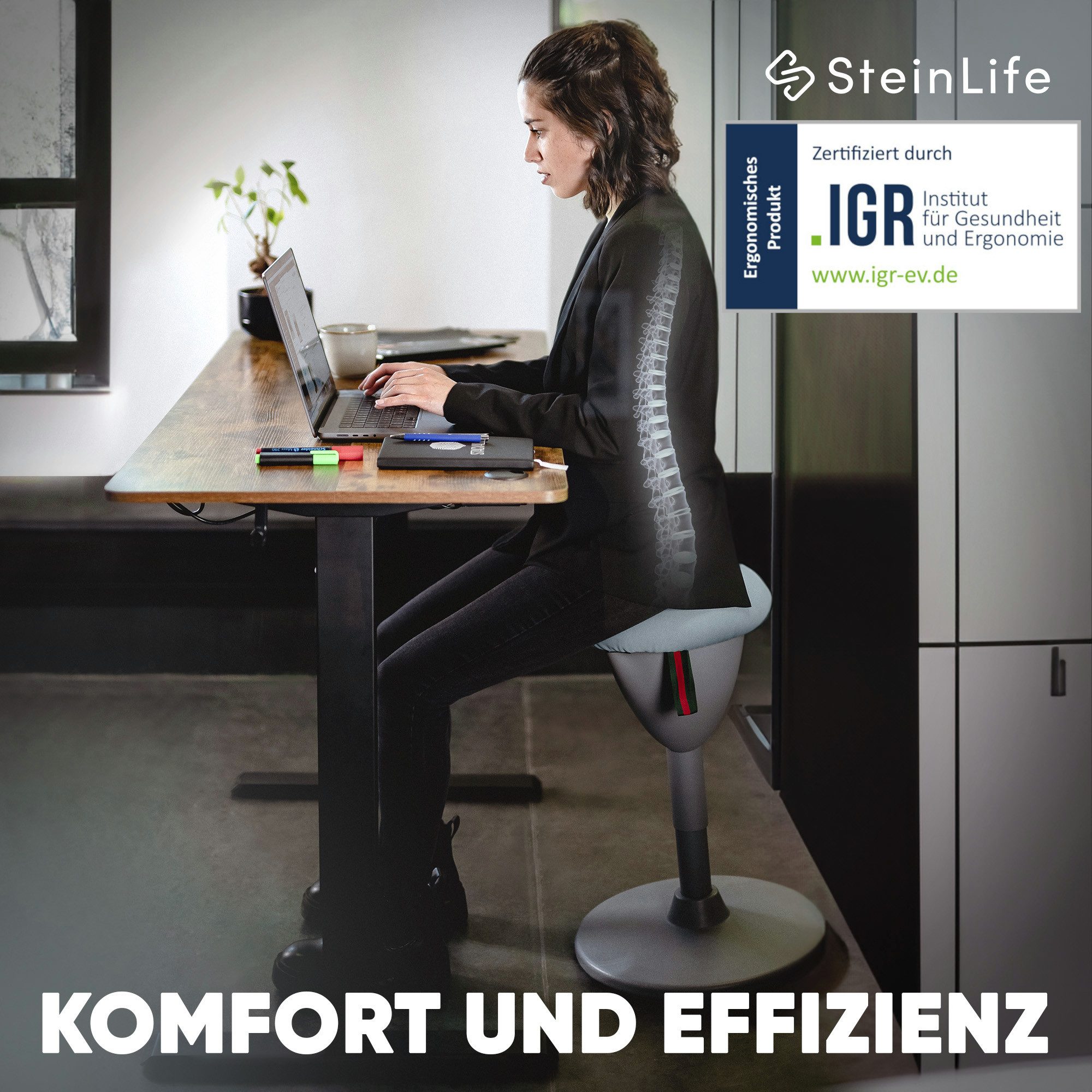 Steinlife Arbeitshocker Ergonomischer Bürohocker [Aktives Sitzen, Gesunde Haltung] (Stehhocker Höhenverstellbar [58-83cm] Ergonomischer Hocker für Büro [Schwing – Bild 4 von 5