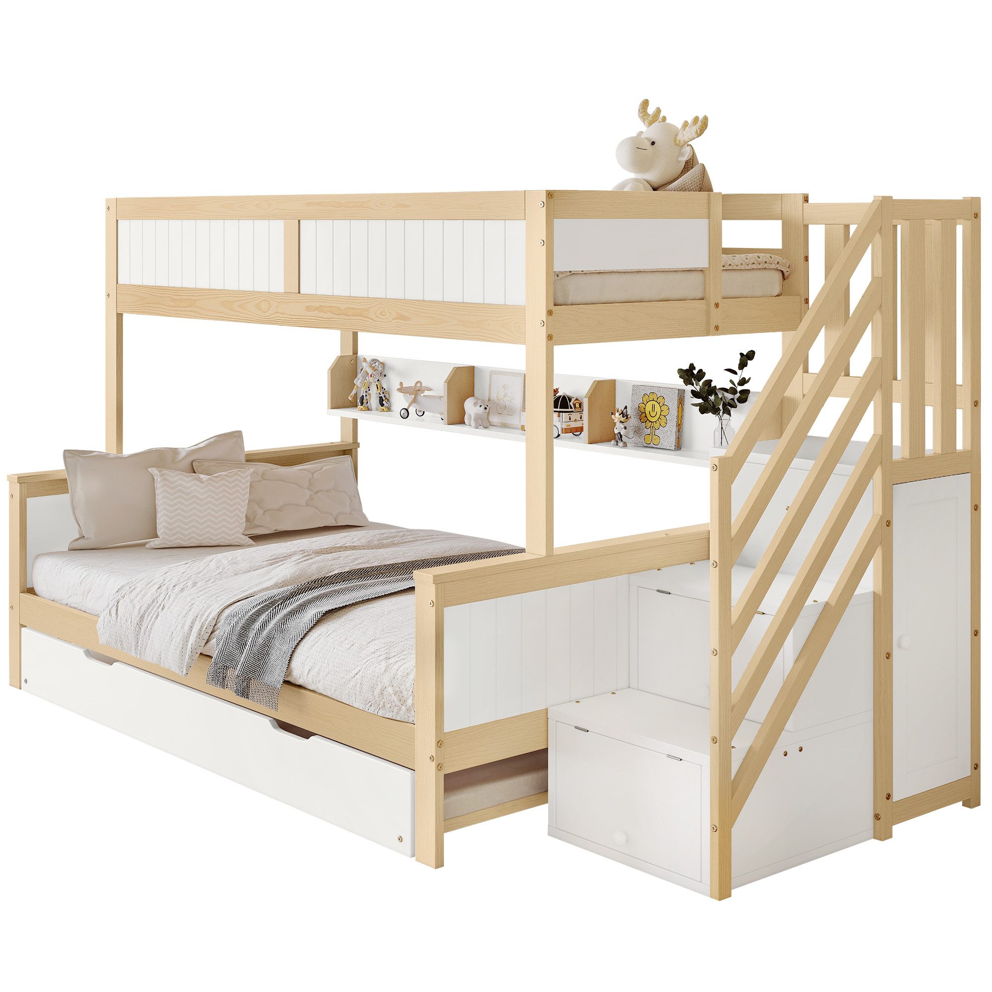 REDOM Etagenbett Funktionsbett Etagenbett Kinderbett (Funktionsbett,mit Rollbett Stauraumtreppe und Kleiderschrank, 90x200cm & 120x200cm), ohne Matratze