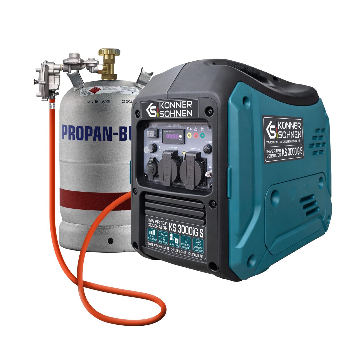 Könner & Söhnen Stromerzeuger KS 3000iG S, (Dual-Fuel LPG/Benzin, Inverter-Generator im geräuschdämpfenden Gehäuse), 3.3 kW max. Leistung, leise 22.5 kg, Eco-Mode für Camping & Haus