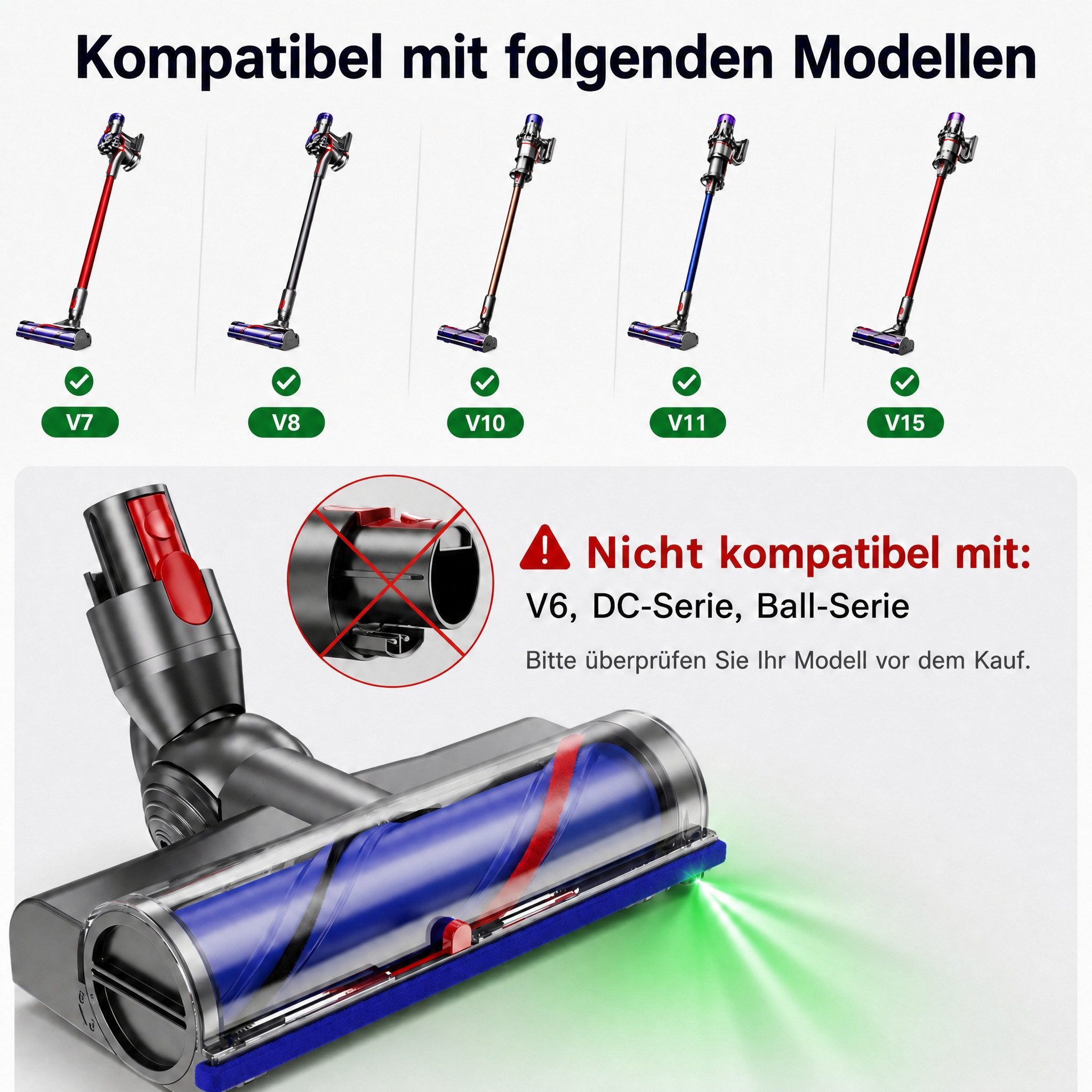 Blossom Staubsaugerdüsen-Set Turbodüse Softroller Bodendüse Elektrischer Bürstenkopf, Zubehör für Dyson V10, Dyson V11, Dyson V15, Dyson V8, Dyson V7, (1-tlg), Staubsaugerkopf Hartholzbodenaufsatz für Dyson Staubsauger