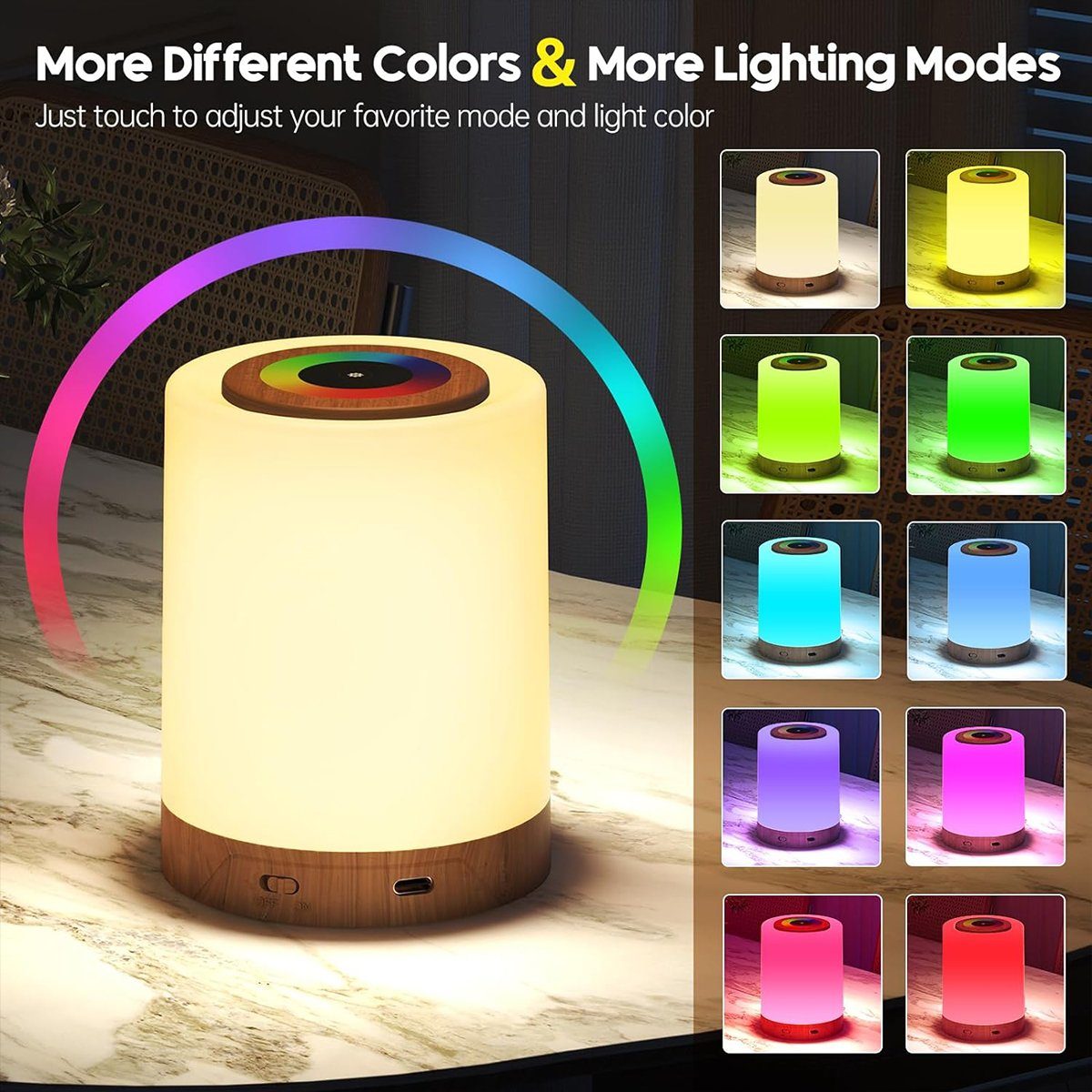 und LED Farben Tischlampe Dimmbar Modi autolock Nachttischlampe USB 13 Aufladbar 3 mit Nachtlicht, Touch Nachttischlampe Holzmaserung