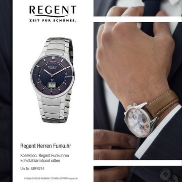 Regent Funkuhr Regent Herren-Armbanduhr silber grau, Herren Funkuhr rund, mittel (ca. 39mm), Edelstahlarmband