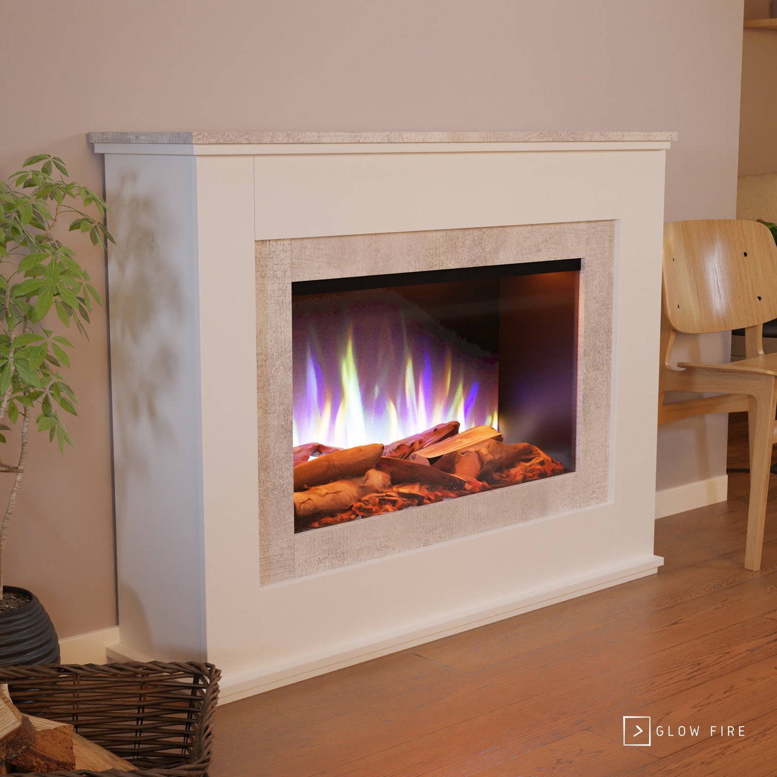 GLOW FIRE Elektrokamin PR6 E-Motion 3D, Elektrischer Kamin mit 3D Feuer mit Heizung, täuschend echte Flamme mit Heizung, 3 Dekorationen