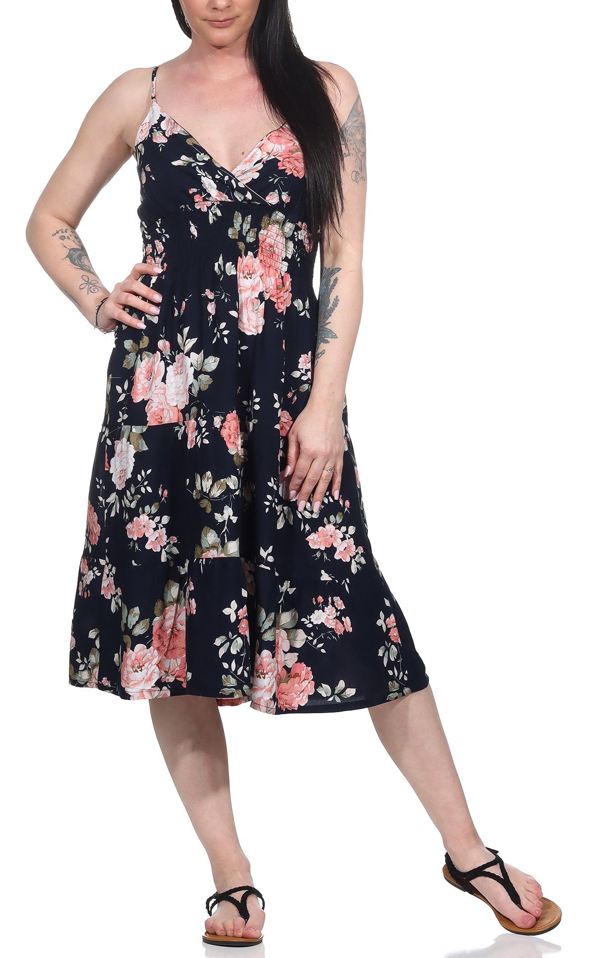 Aurela Damenmode Sommerkleid Luftige Damenkleider leichte Sommerkleider für den Urlaub mit Blumendruck, verstellbare Spaghettiträger, Gesamtlänge 90 - 93cm, Raffung Taillenbereich Marine