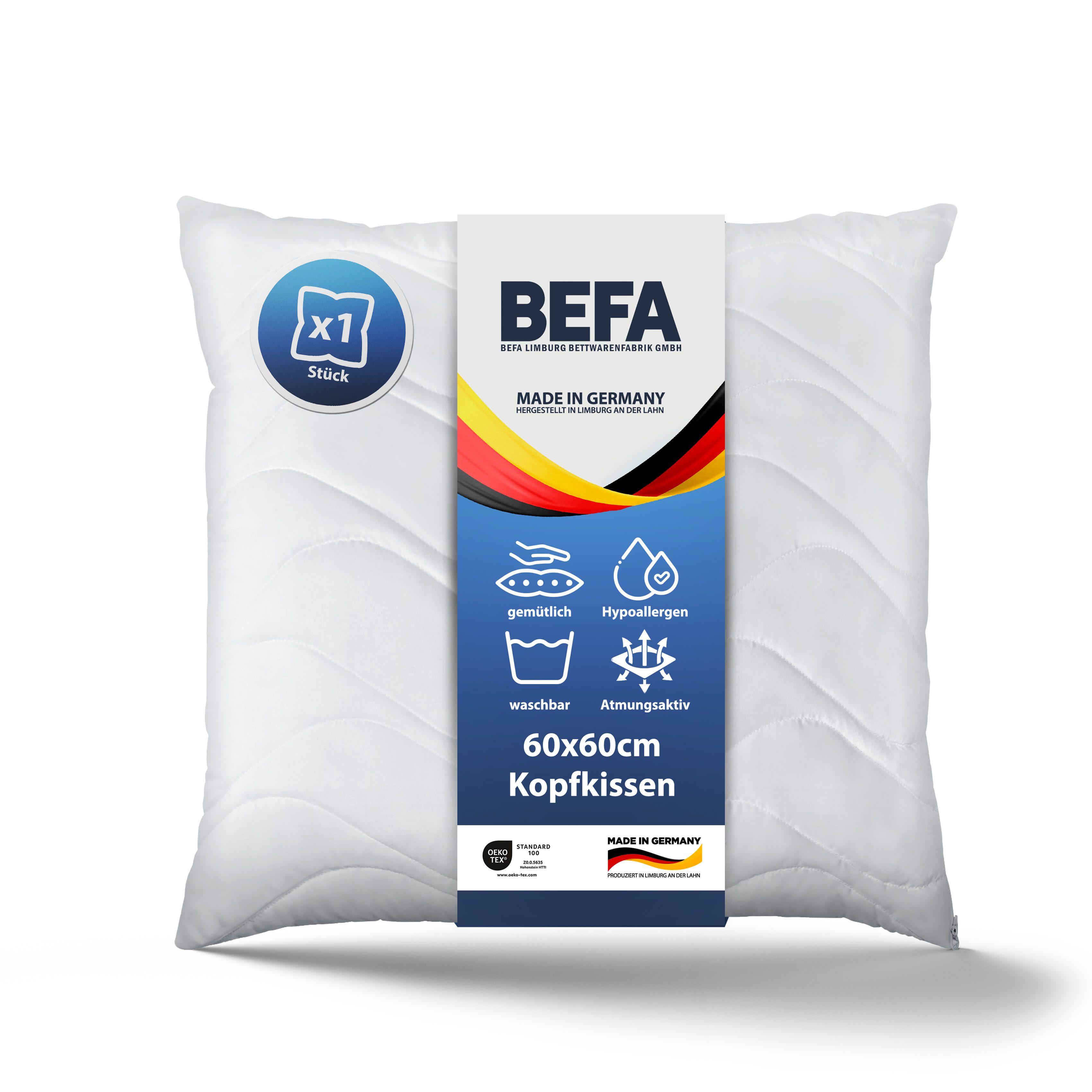 BEFA CARE Microfaserkissen mit Aloe Vera, Füllung: Mikrofaser, Bezug: Mikrofaser mit Aloe Vera, Seitenschläfer, Rückenschläfer, Bauchschläfer, Spar-Set, 1tlg, Made in Germany – Schlafkomfort für Allergiker – Mikrofaser Kissen