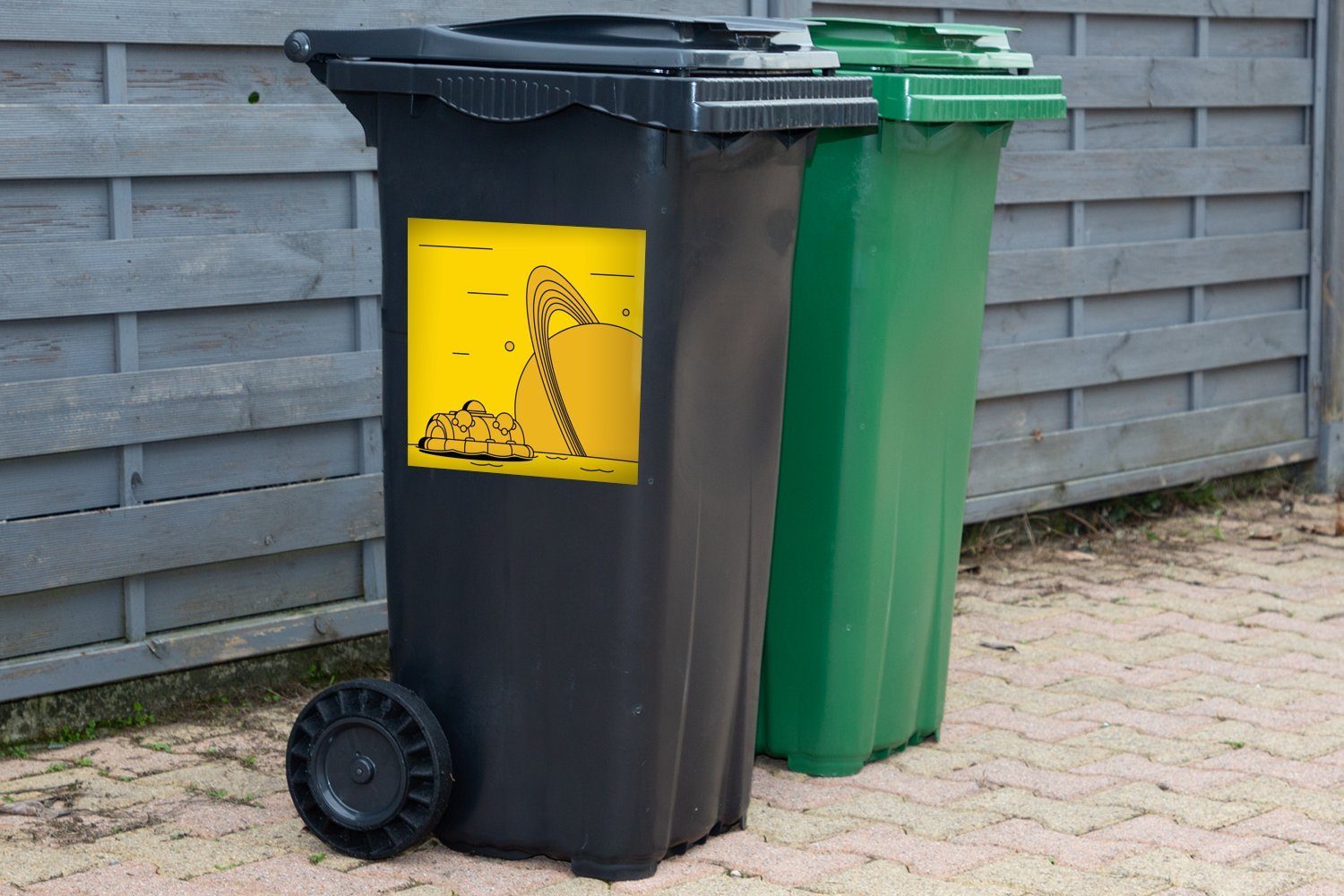 MuchoWow Wandsticker Planet - Gelb Mülltonne, Abfalbehälter (1 - Sticker, Container, Illustration Mülleimer-aufkleber, St)