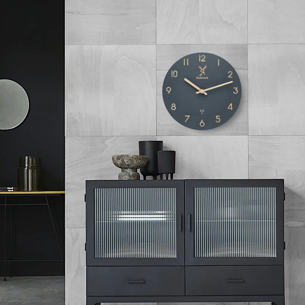 Holzwerk Funkwanduhr moderne Designer Loft Funk Holz Wand Uhr (Nahezu lautl günstig online kaufen