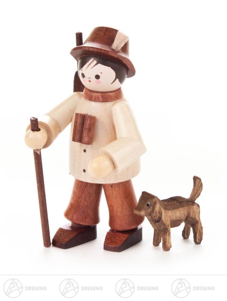 Dregeno Erzgebirge Weihnachtsfigur Miniatur Förster mit Hund natur Höhe ca 6 cm NEU, mit Gewehr Hund und Fernglas