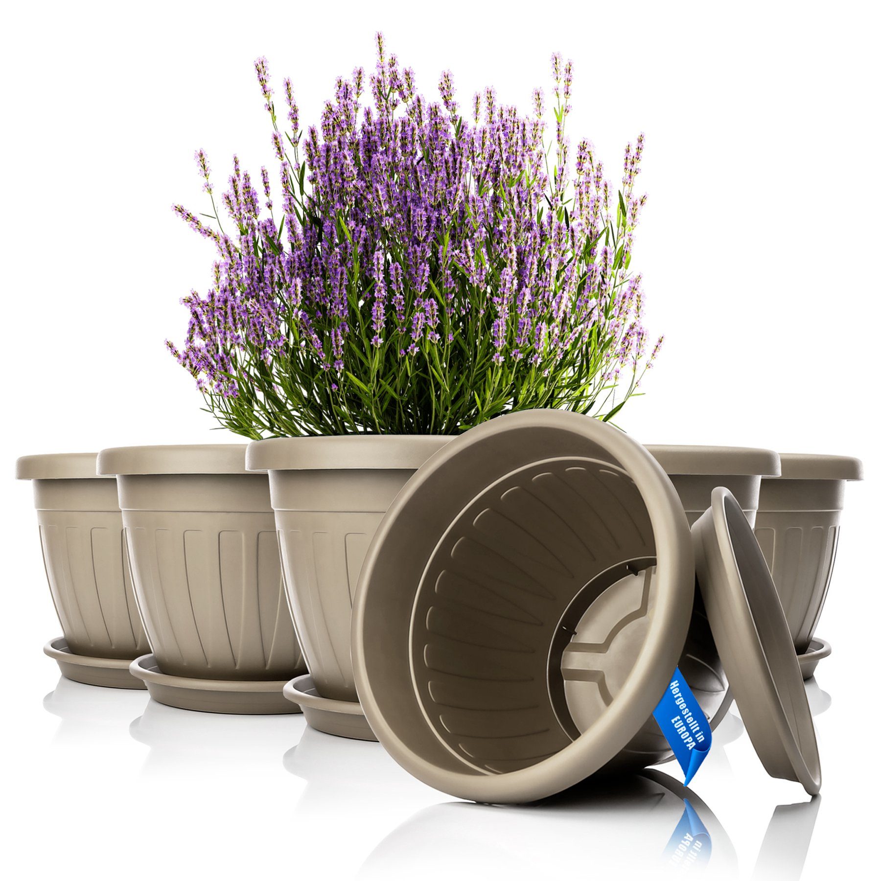 BigDean Blumentopf 6x Pflanzkübel mit Untersetzer rund ø40xH31 cm Mokka/braun (Set, 6 St., Pflanzkästen), Blumentopf, Pflanzkübel, Wetterfest, UV-Beständig, Langlebig