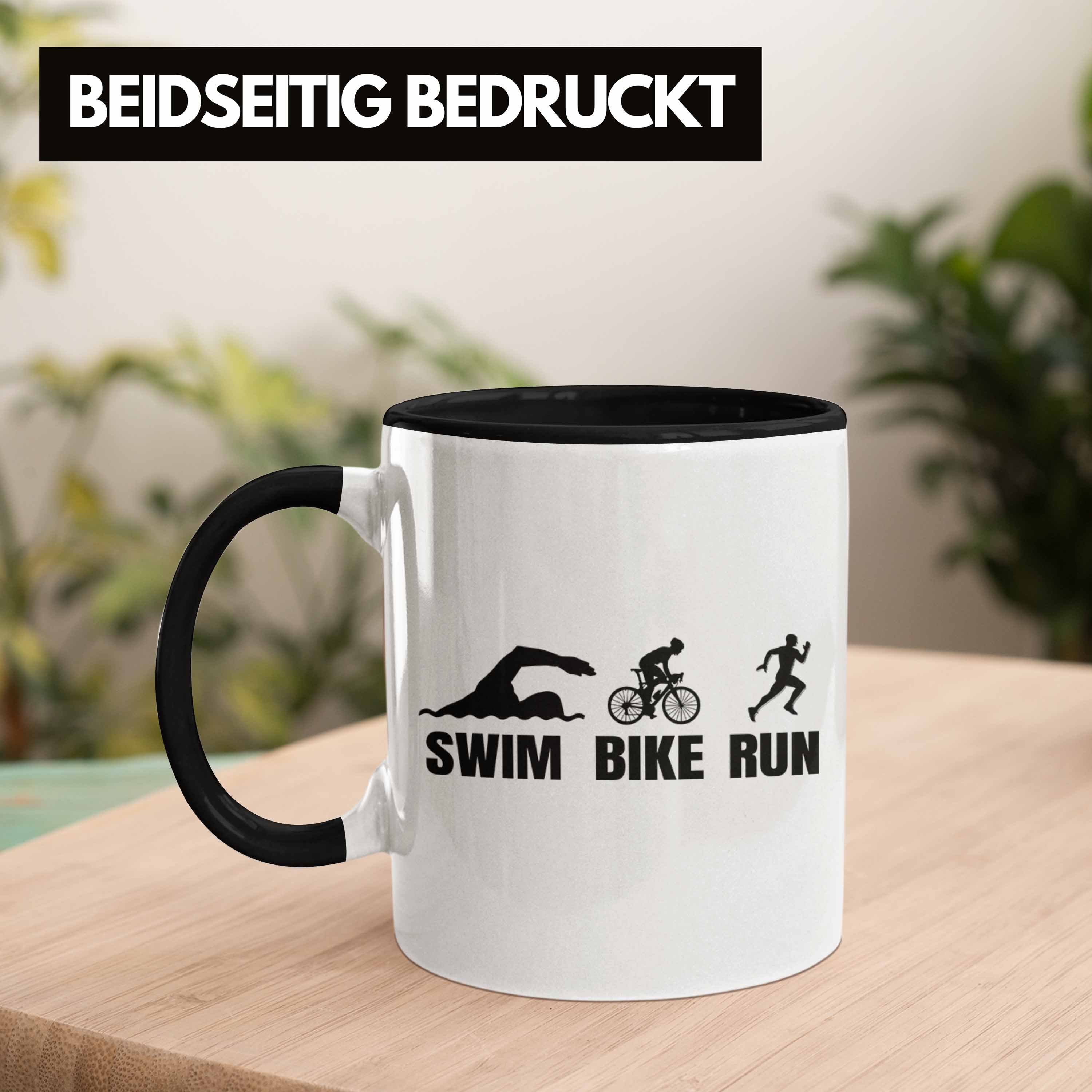 Trendation Bike Triathlon Tasse Swim Geschenk Spruch Tasse Geschenkidee für Sportl Schwarz Run