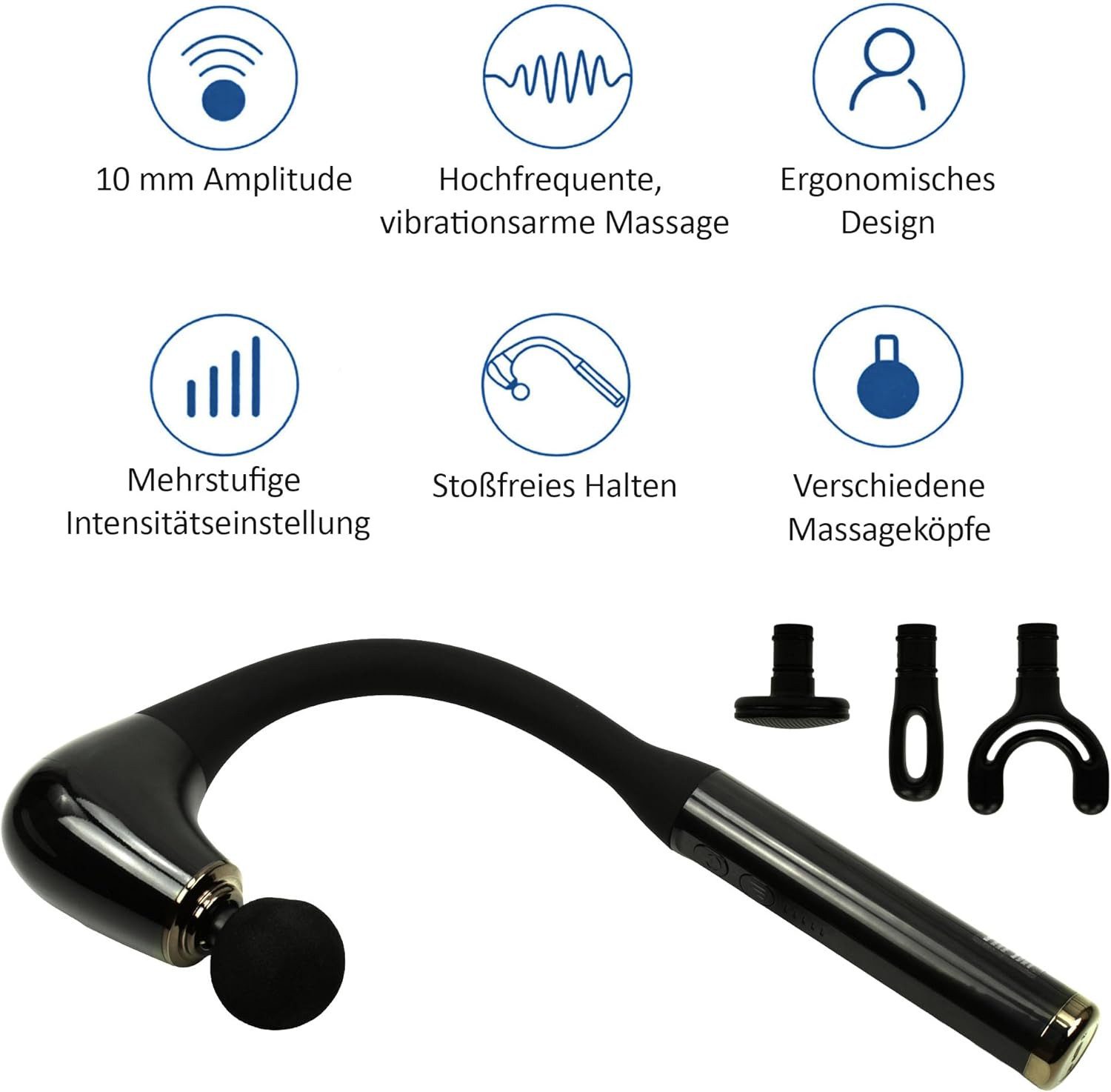 @tec Massagegerät U-förmiges Massagegerät mit verlängertem Griff, 4 Aufsätze 5 Intensitäten Muskelentspannung Massagepistole