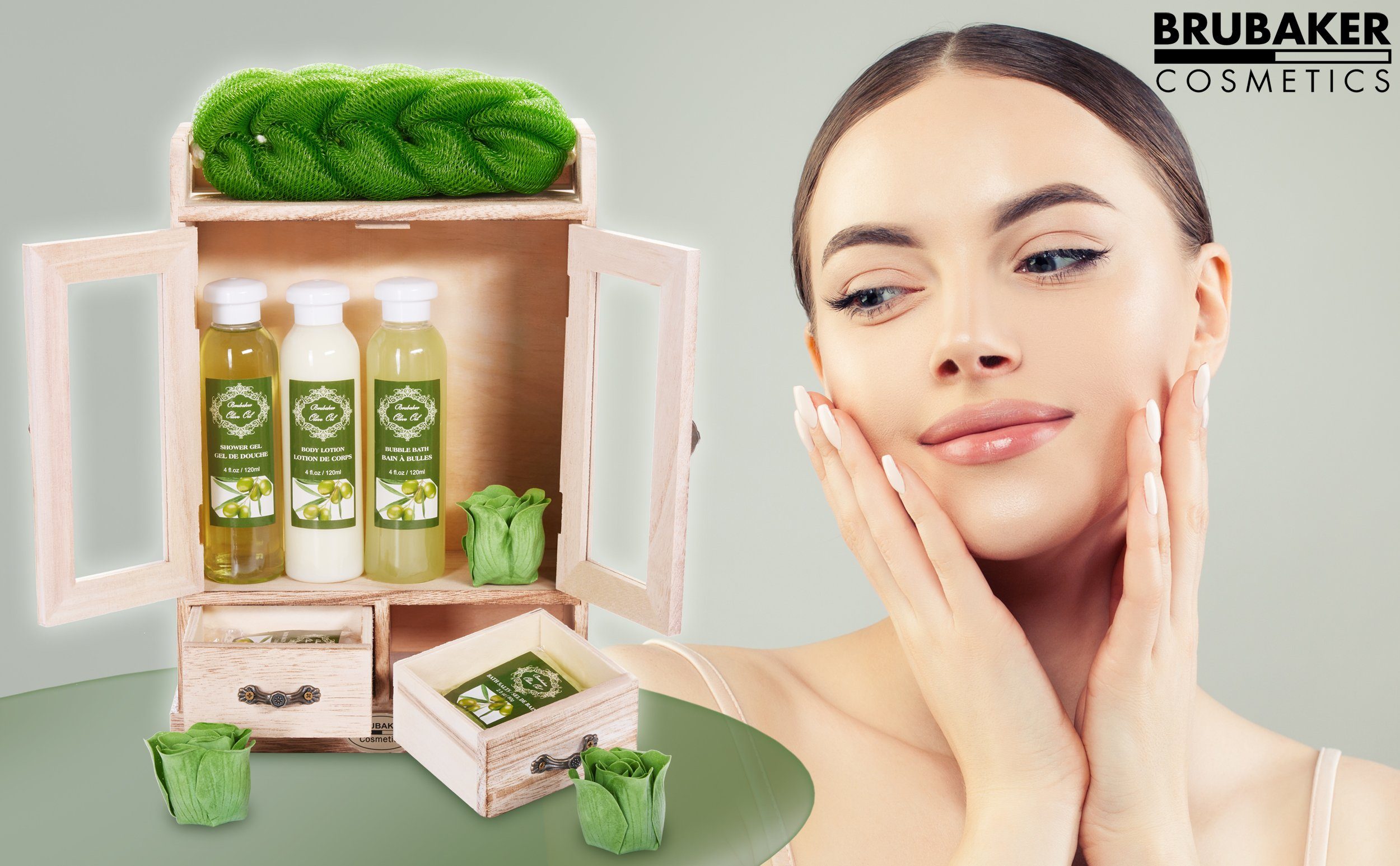BRUBAKER Pflege-Geschenkset 2 in 1 Pflegeset Olive & Aloe Vera - Wellness Set, 15-tlg., Damen Dusch- und Badeset - Frauen Beauty Geschenkset mit Dekoration