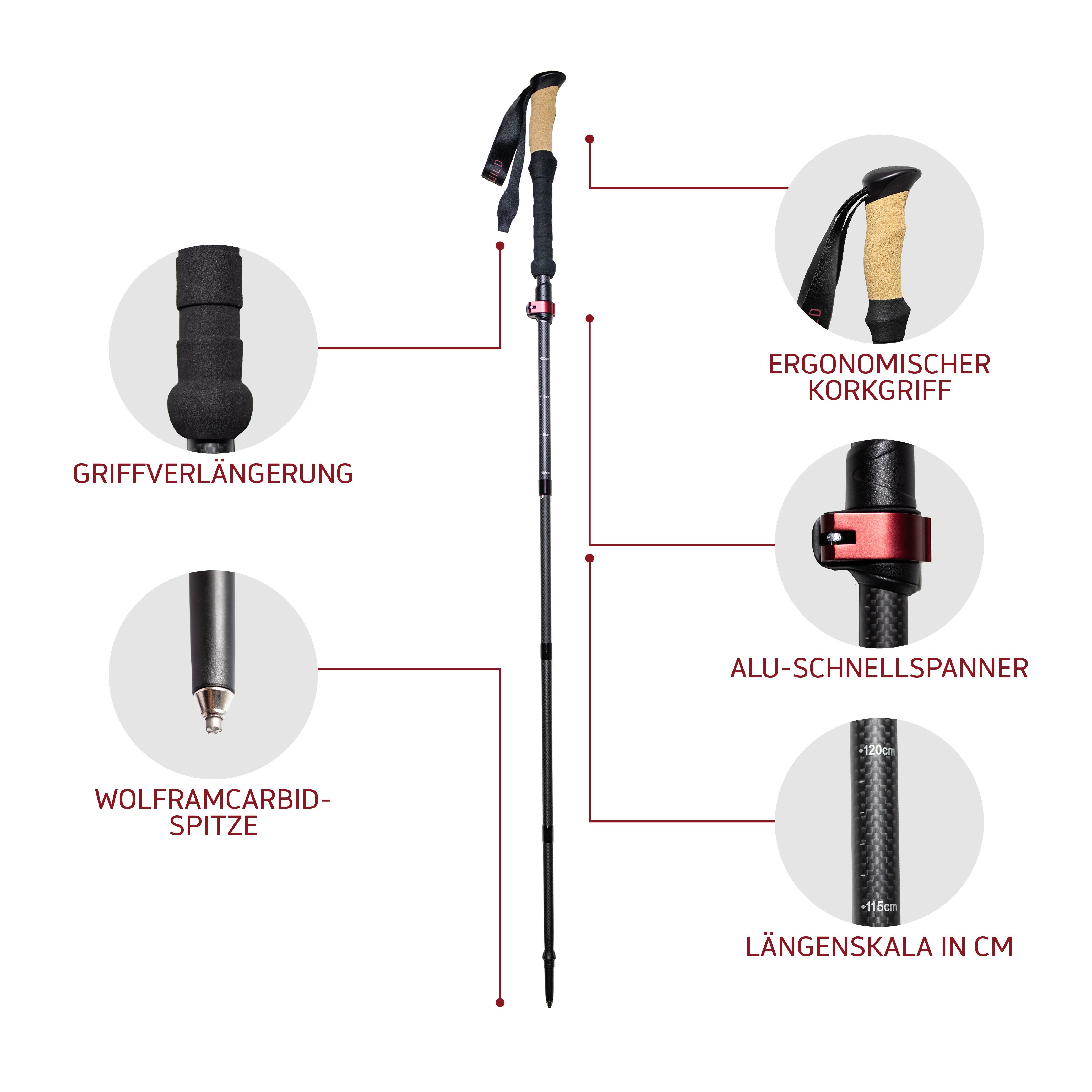 Rothwild Wanderstöcke Platzhirsch, faltbare Carbon-Trekkingstöcke mit Kork-Griff, verschiedene Größen, umfangreiches Zubehör