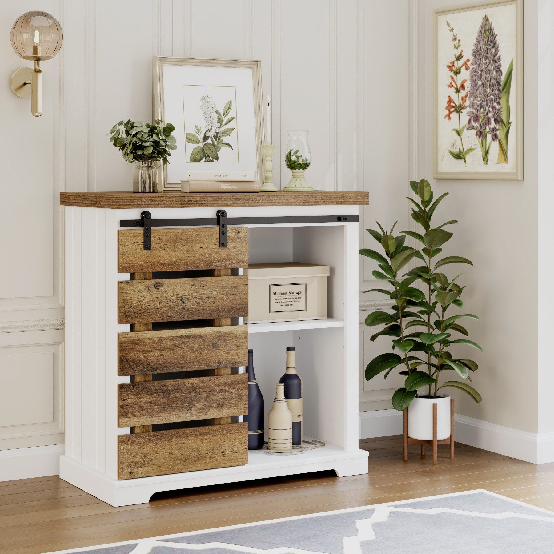 HOMECHO Buffet Küchenschrank mit Schiebetür und Regal Vintagebraun+Weiß günstig online kaufen