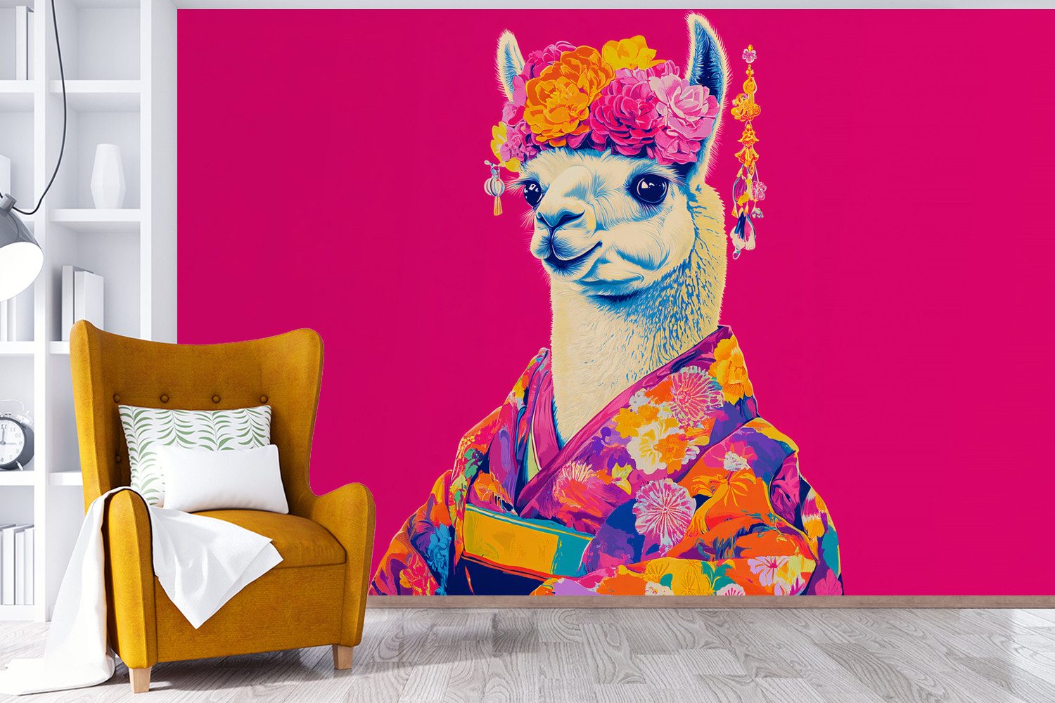 MuchoWow Fototapete Lama - Kimono - Blumenkranz - Hellrosa, Matt, bedruckt, Wallpaper für Wohnzimmer, Schlafzimmer, Vinyl Tapete, 390x260 cm