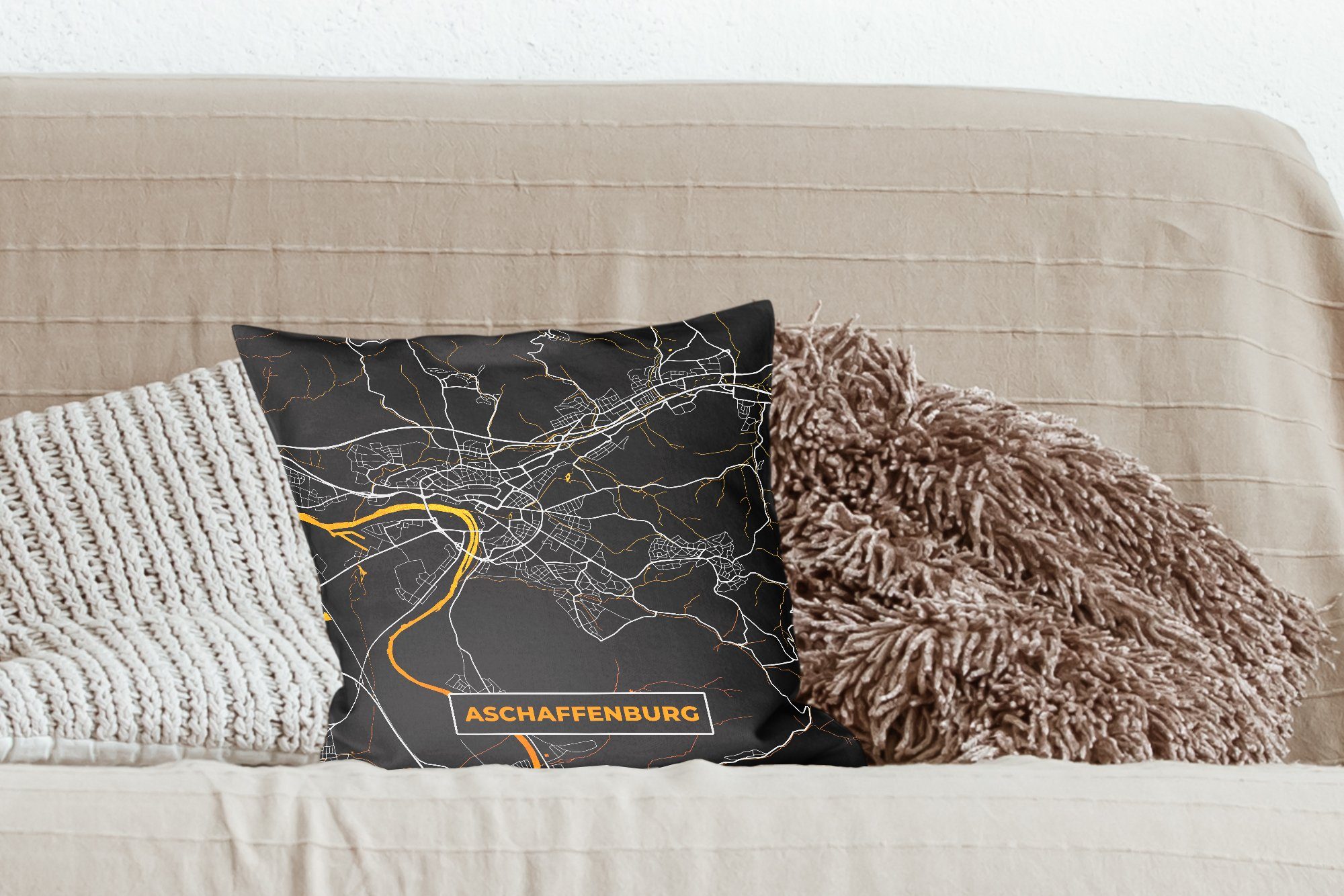 Füllung Sofakissen - Zierkissen - Stadtplan MuchoWow Karte Schlafzimmer, - Dekokissen Deko, Deutschland mit Gold - Aschaffenburg, für Wohzimmer,