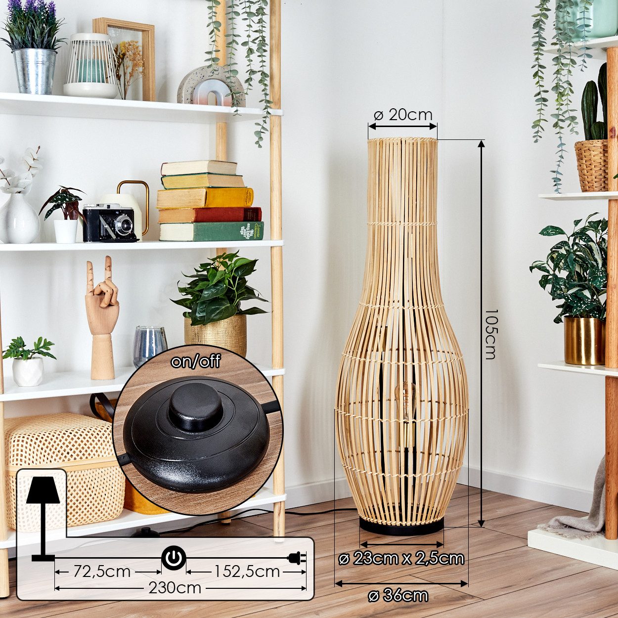 hofstein Stehlampe Stehlampe aus Metall/Bambus in Schwarz/Goldfarben, ohne Leuchtmittel, in Gitter-Optik (36 cm), An-/Ausschalter, 3 x E27, ohne Leuchtmittel