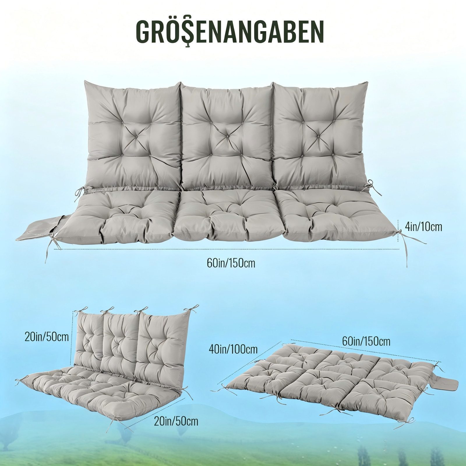 NACATIN Auflagekissen für Hollywoodschaukel, 150×100×10 cm, für feuchte Bereiche geeignet, (1 St), Robustes Polyester-Kissen mit dicker Polsterung