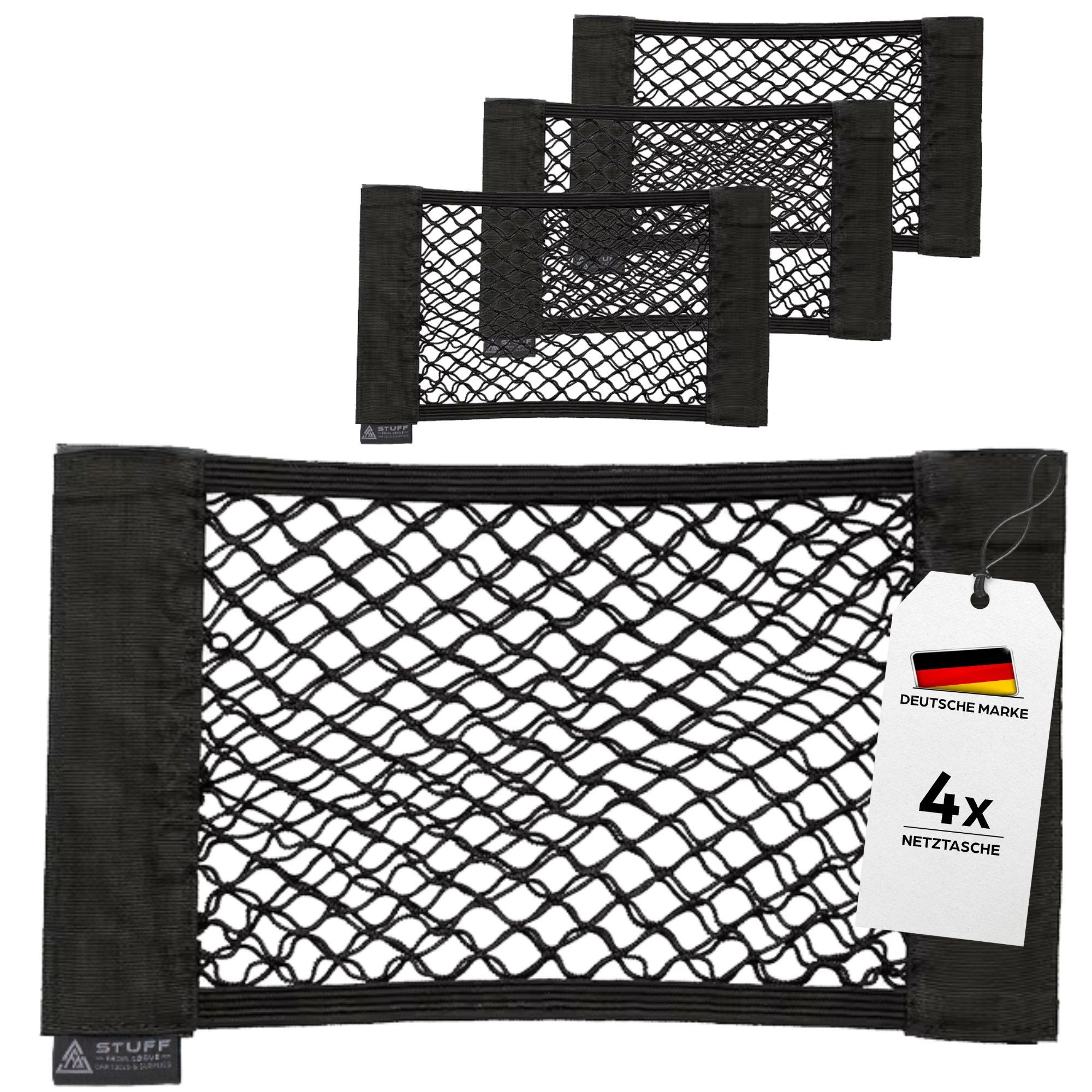 stuff from above Auto-Rückenlehnentasche als Kofferraumnetz mit extra starkem Klett - Autonetz 38x25 cm (4-tlg., Aufbewahrungsnetz im 2er oder 4er Set), Kofferraum Organizer Kleinteil-Aufbewahrung - Perfekter Halt auf Filz