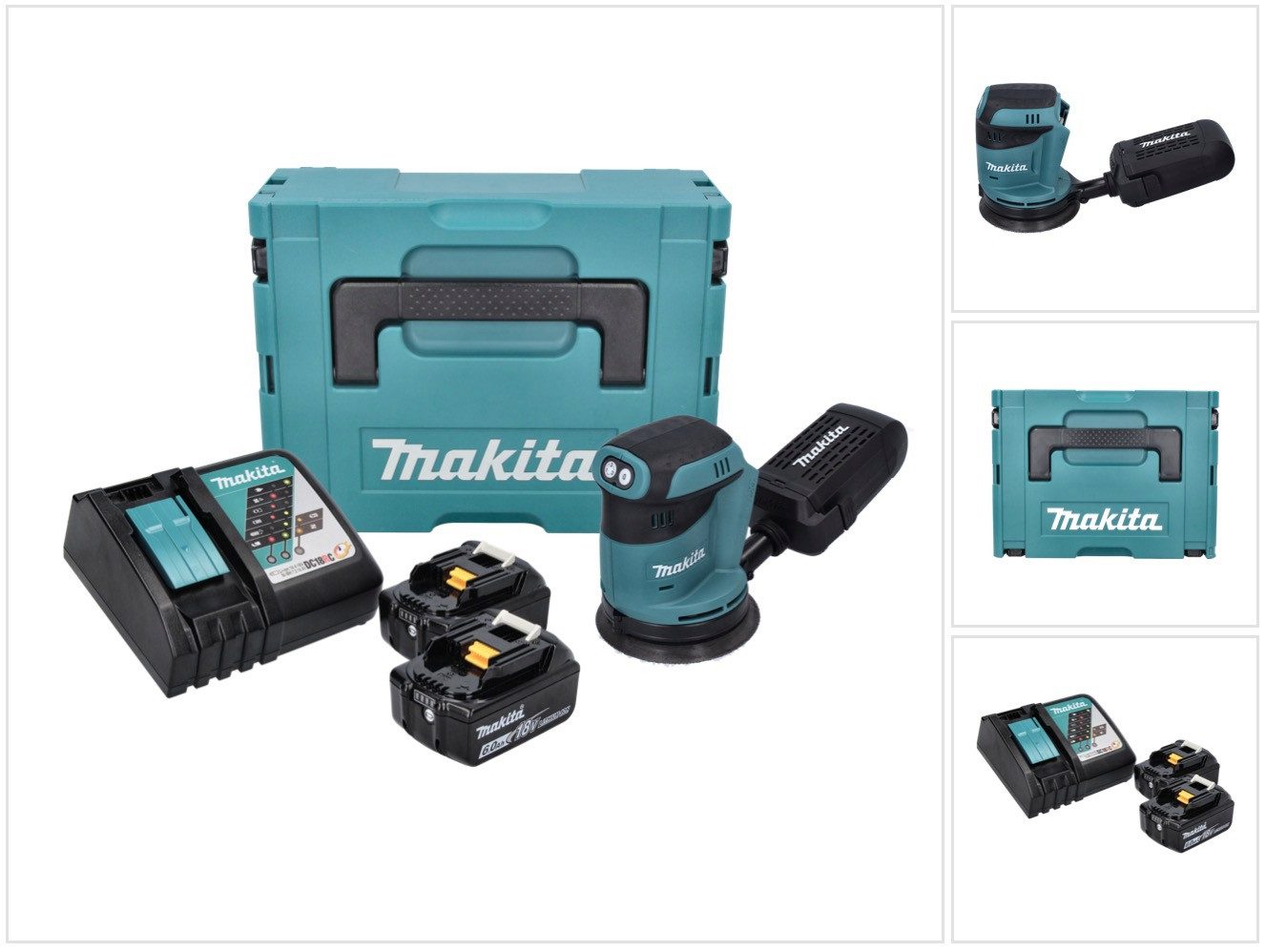 Makita Akku-Exzenterschleifer DBO 180 RGJ 18 V 125 mm + 2x Akku 6,0 Ah + Ladegerät + Makpac