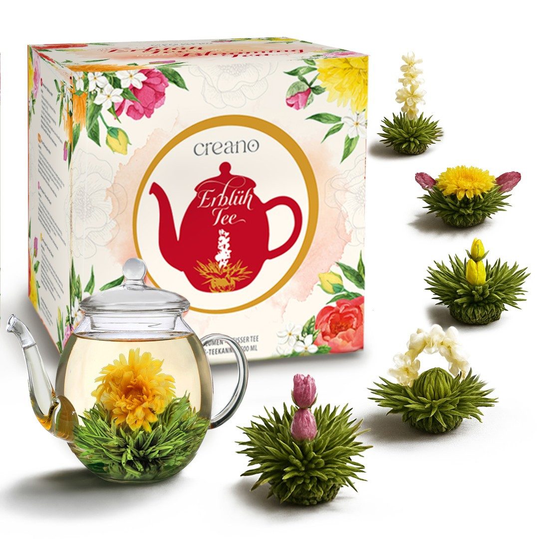 Creano Tee Teeblumen Geschenkset -FLOWER DESIGN- 500ml Glaskanne & 6x Weißer Tee, 1 x 6 St.
