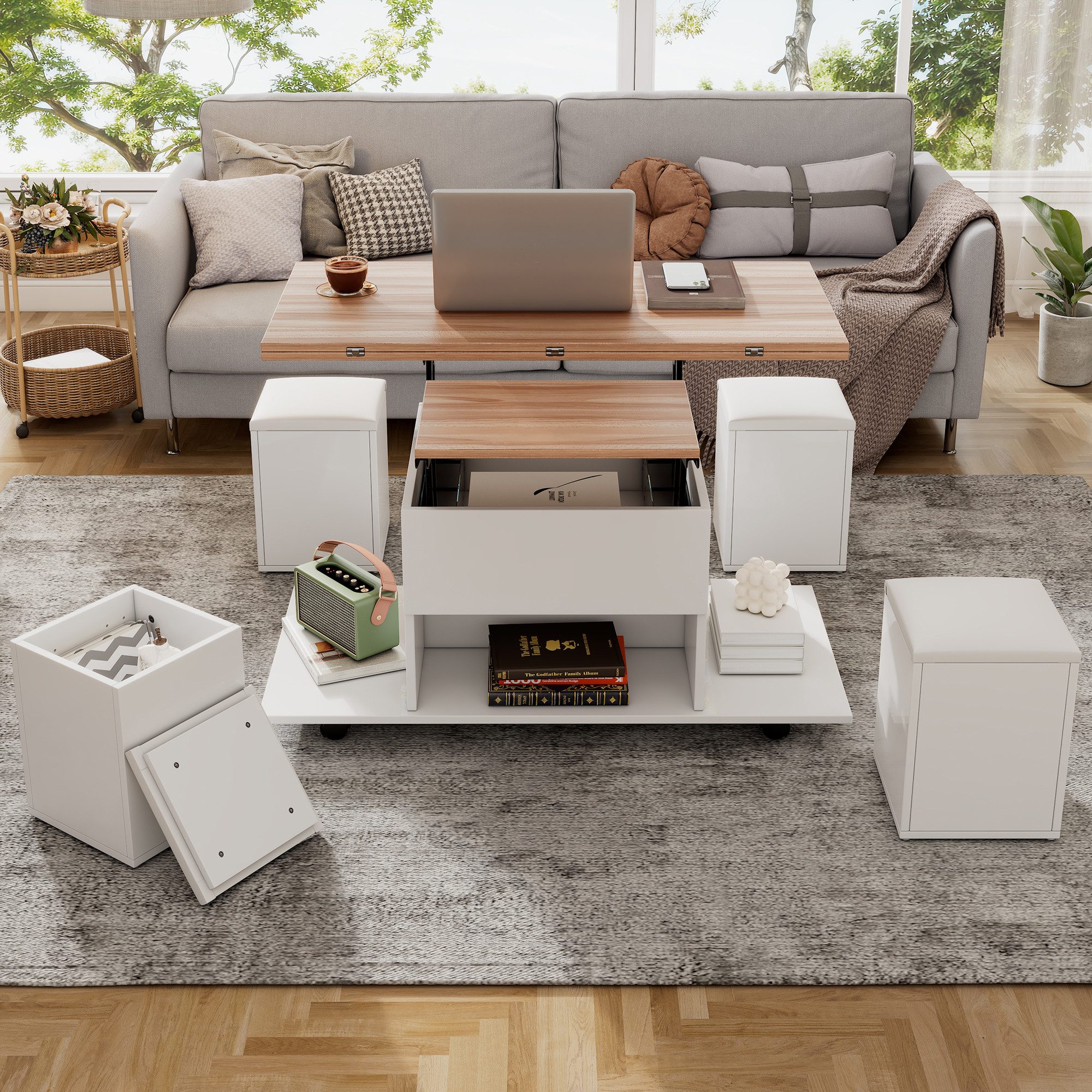 Merax Couchtisch Anhebbarer Wohnzimmertisch mit faltbarer Tischplatte (5-St), Beistelltisch mit Lift-Top-Mechanismus und 4 Aufbewahrungshockern