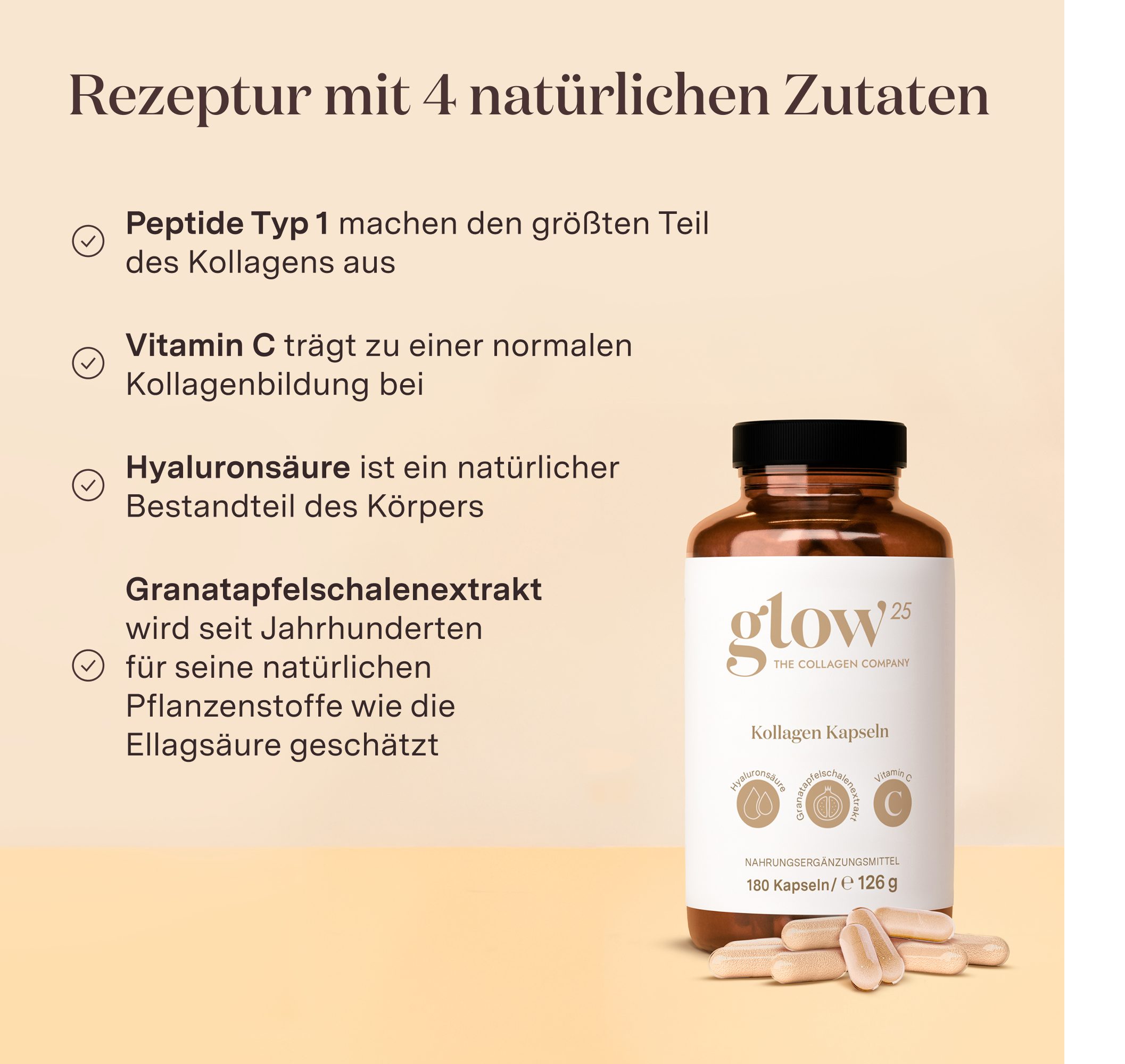 Glow25 Kollagen Kapseln [180 Kapseln] mit Hyaluronsäure und Vitamin C Kapseln, 126 g