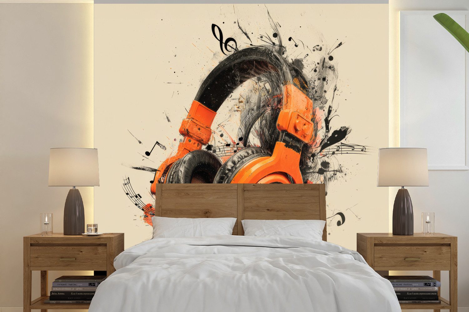 MuchoWow Fototapete Kopfhörer - Orange - Explosiv, Matt, bedruckt, Vliestapete für Wohnzimmer Schlafzimmer Küche, Fototapete, 220x220 cm