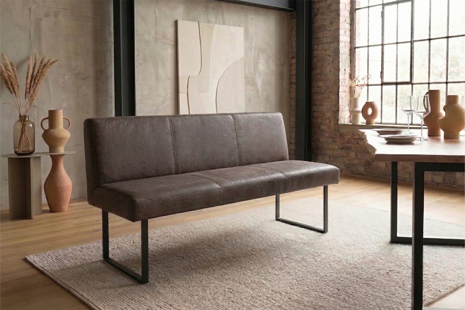 KAWOLA Sitzbank ELEEN Esszimmerbank Leder pigmentiert – modernes Design, 163 cm Breite, hoher Sitzkomfort, Metallgestell schwarz
