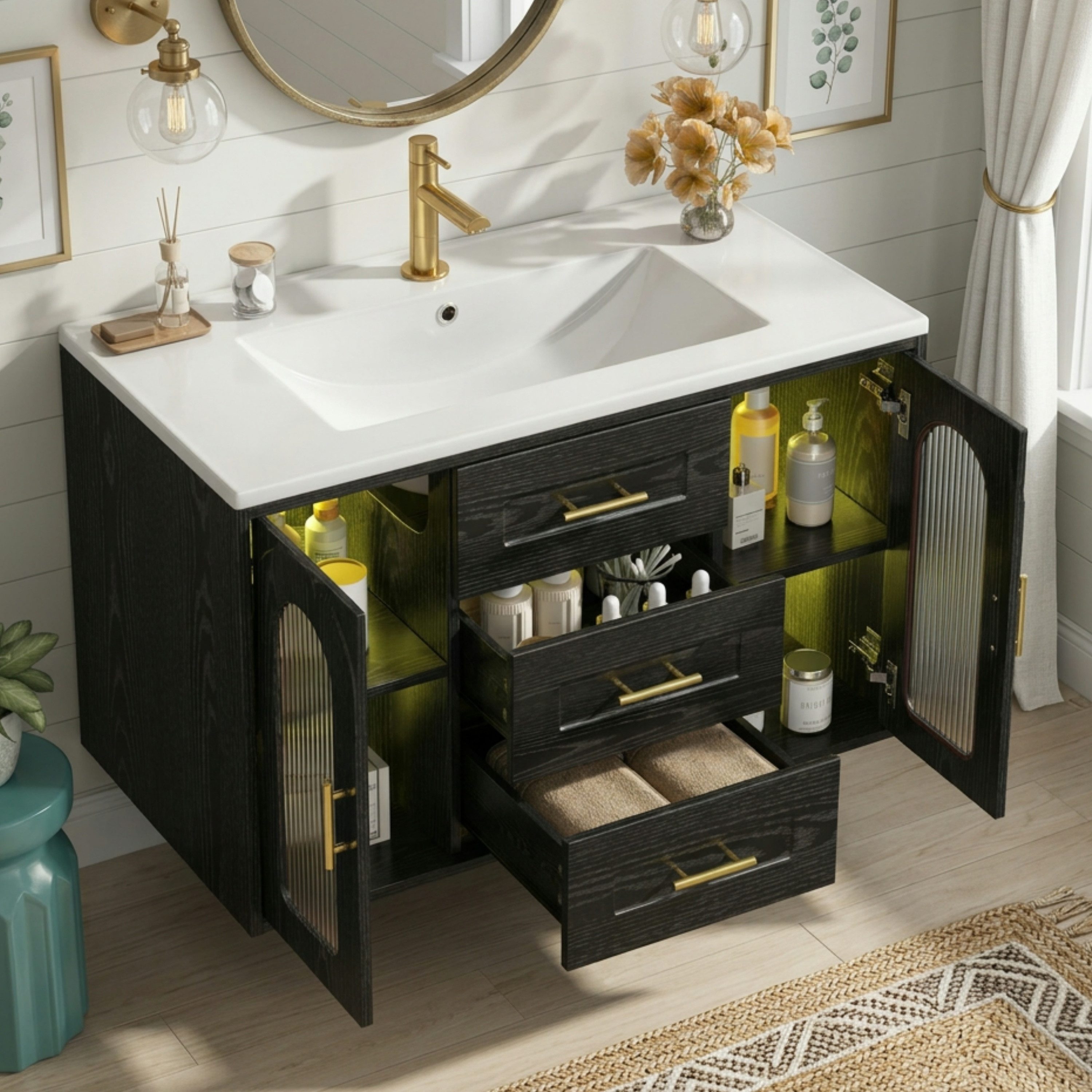 Merax Waschtisch mit Waschbecken, hängend Badmöbel mit LED-Beleuchtung (76×46×55 cm, 1-St., Badschrank ohne Wasserhahn), Badezimmerschrank mit 2 Glastüren, 3 Schubladen & Stauraum