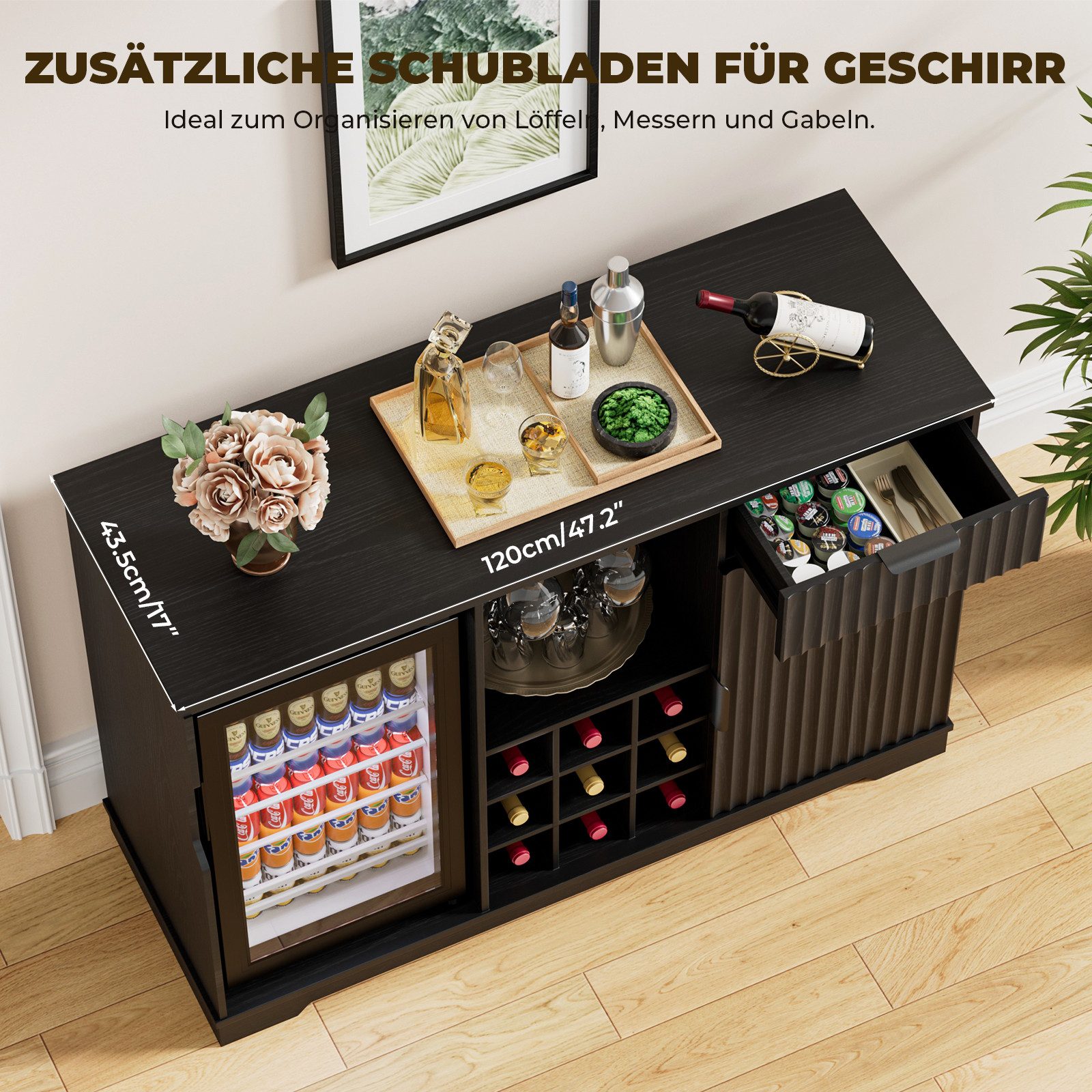 BROTTAR Weinschrank Barschrank mit Kühlschrank inklusive - Weinbar mit Gläserhalter Weinregal Schublade und Stauraum im Riffeldesign