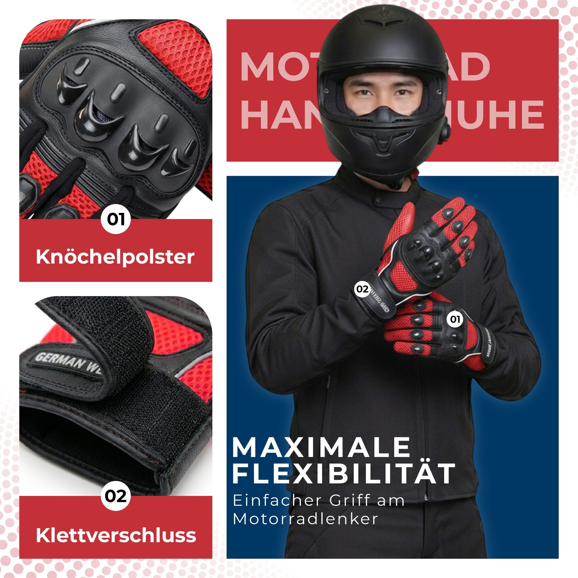 German Wear Motorradhandschuhe GW400G-M9 Motocross Biker Handschuhe Leder- & Textilhandschuhe in 6 Farben