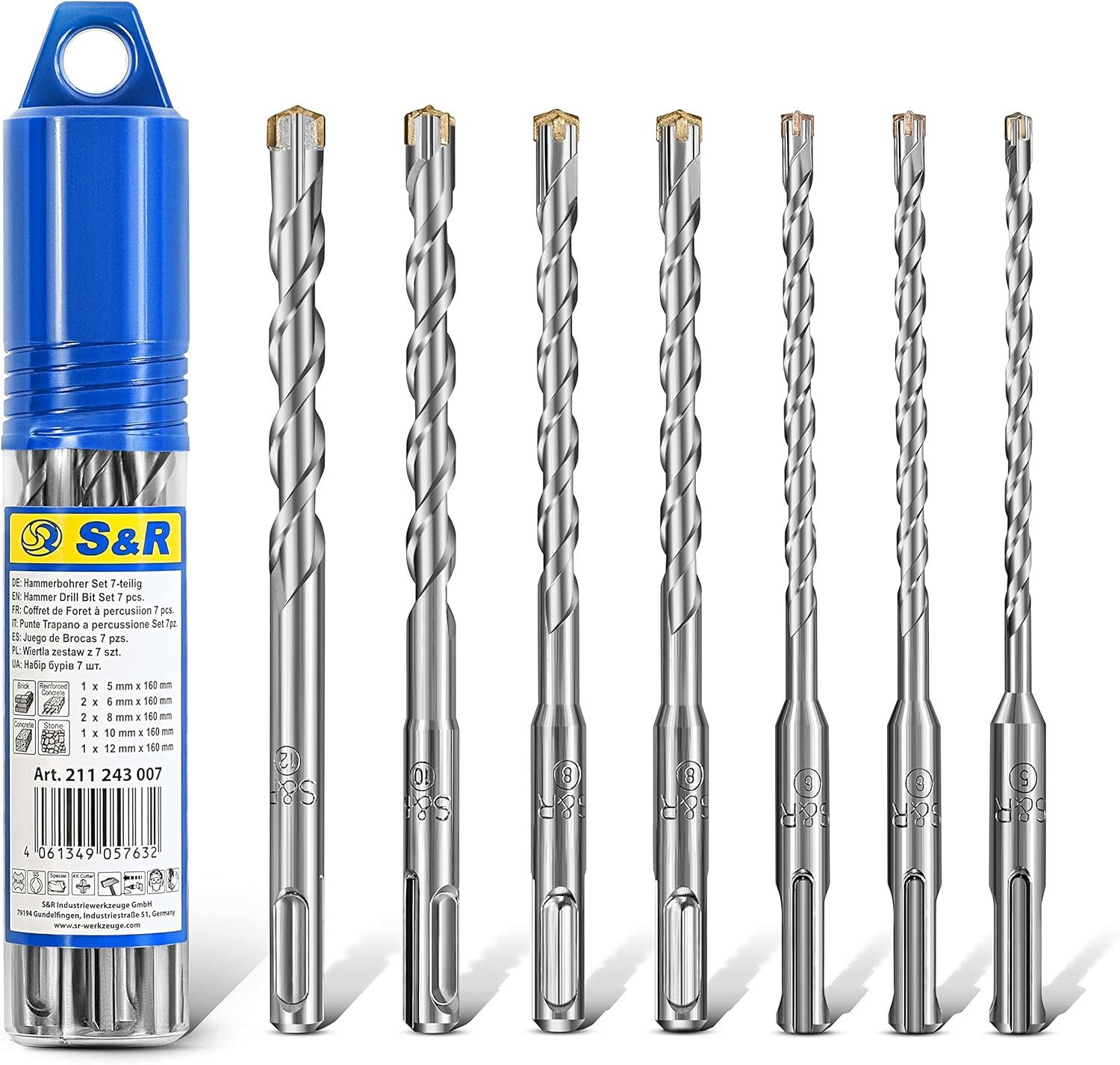 S&R Hammerbohrer Set Meister - SDS Plus, 4plus Zentro, 4 Schneiden Geometrie, (Set, 7-tlg: 5, 6, 8, 10, 12 mm x 160 mm), für Stahlbeton, (armierten) Beton, Stein, Granit