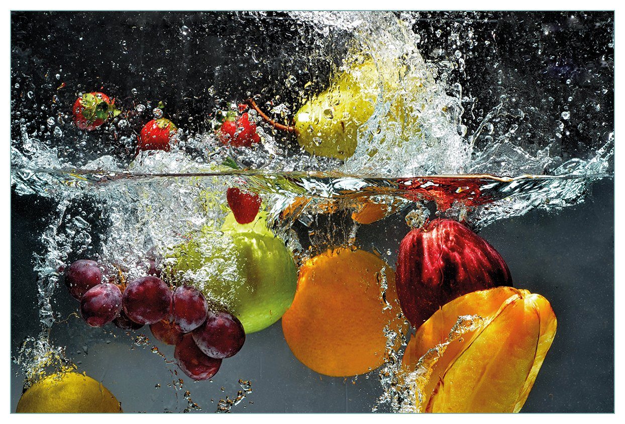 Wallario Küchenrückwand Früchte im und unter Wasser - Splashing Fruits, (1-tlg)