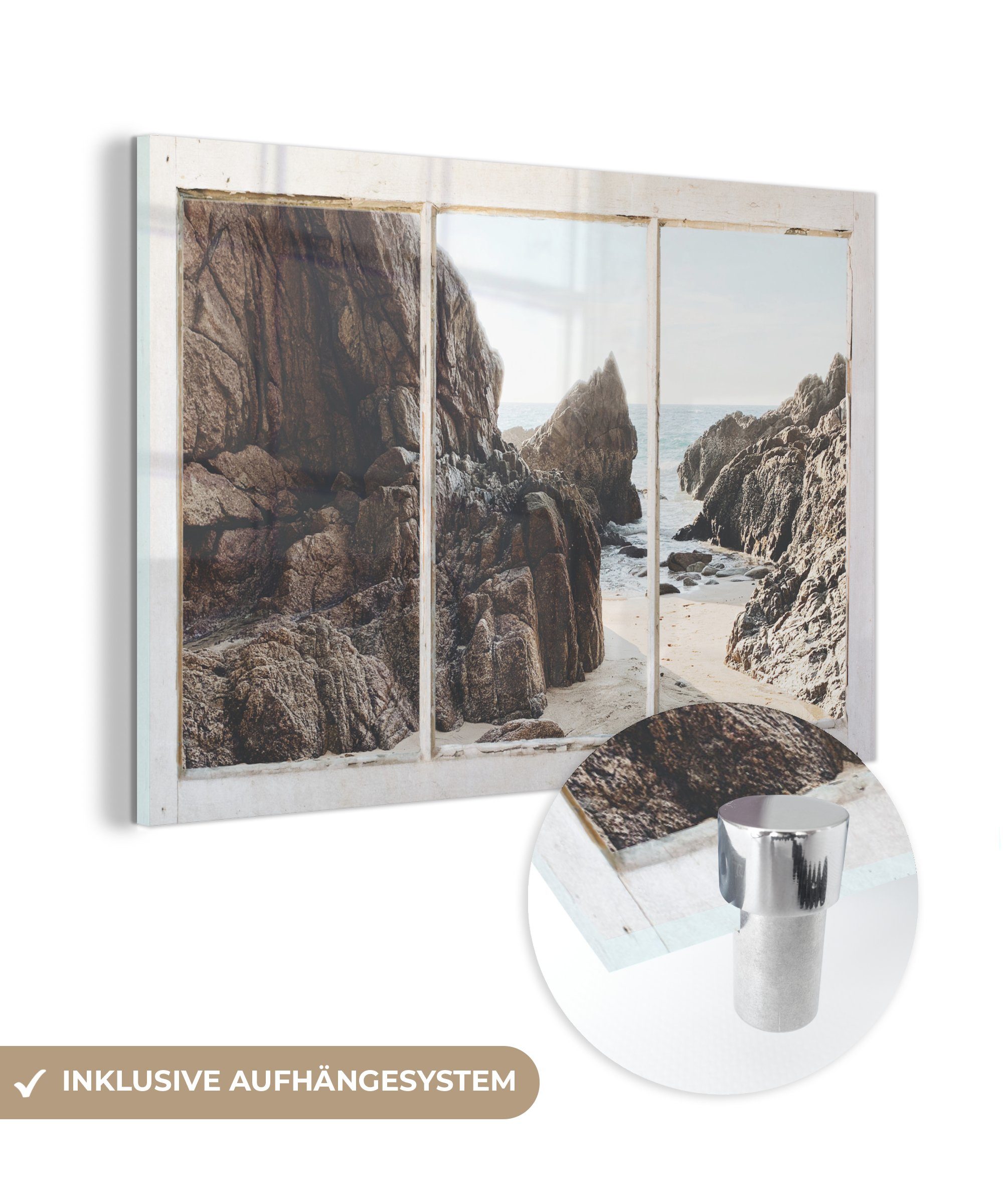 Acrylglasbild Bilder - - auf Glas - Wanddekoration Aussicht Meer, Glas Strand Glasbilder Foto - St), Wandbild MuchoWow auf (1 -