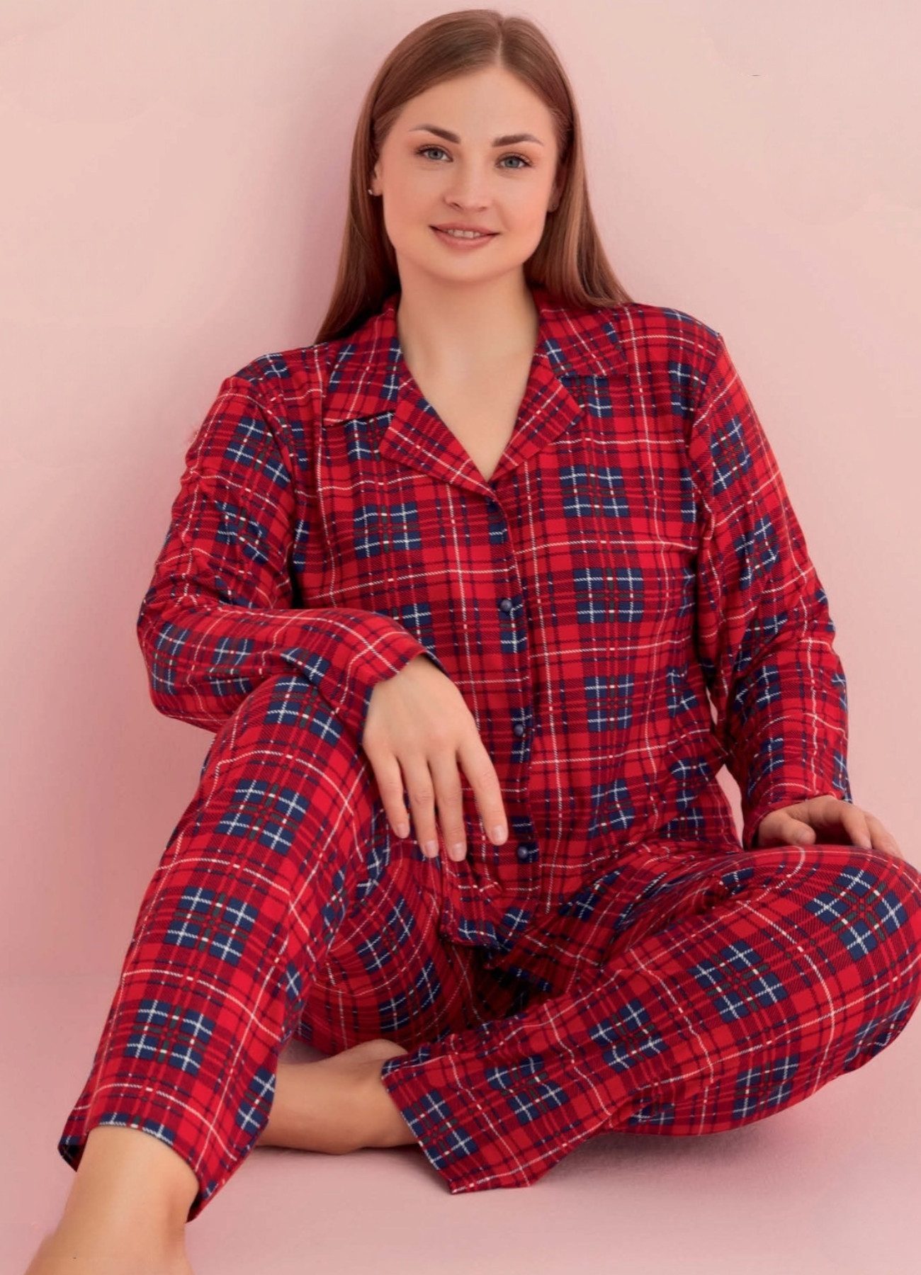 fashionshowcase Pyjama Damen Schlafanzug aus 100% Baumwolle – Kariertes Design (Zweiteiliges Schlafanzug-Set, Oberteil und Hose) durchgehende Knopfleiste, hautfreundlich, atmungsaktiv