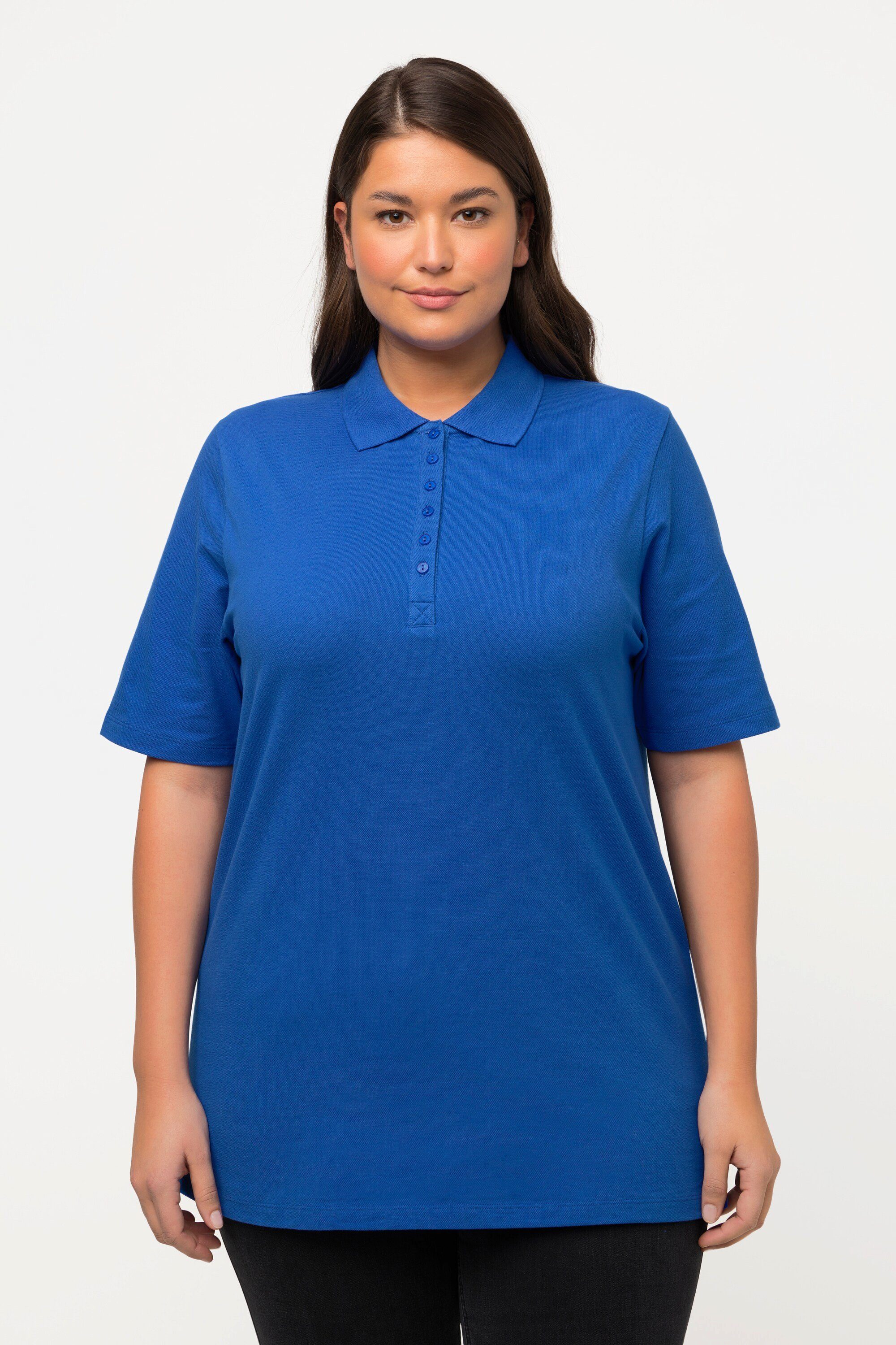Ulla Popken Rundhalsshirt Poloshirt Piqué Polokragen Samt-Knopfleiste kobalt blau