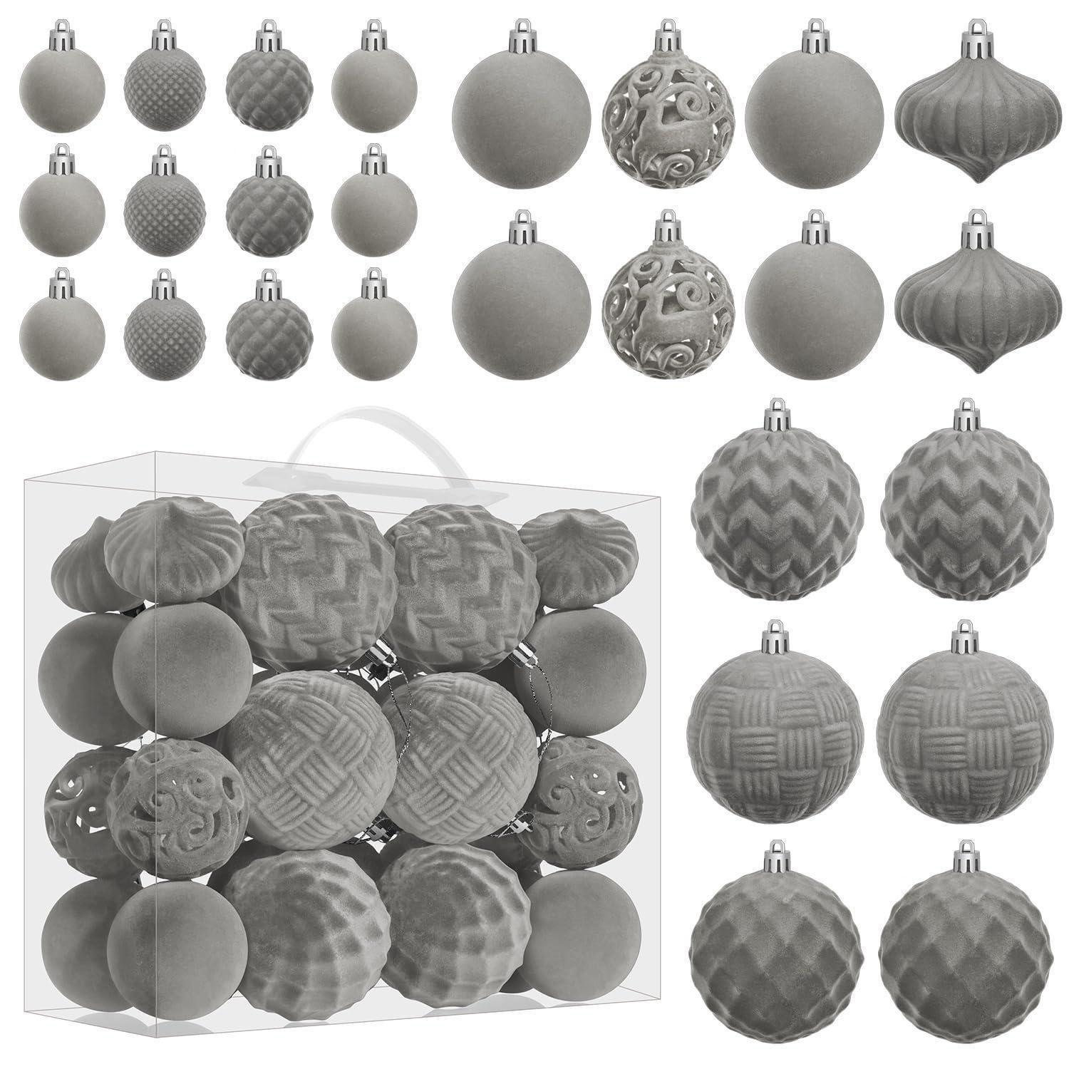 LuxusKollektion Weihnachtsbaumkugel Weihnachtskugeln Samt 46er Set grau Flock-Optik (46 St)