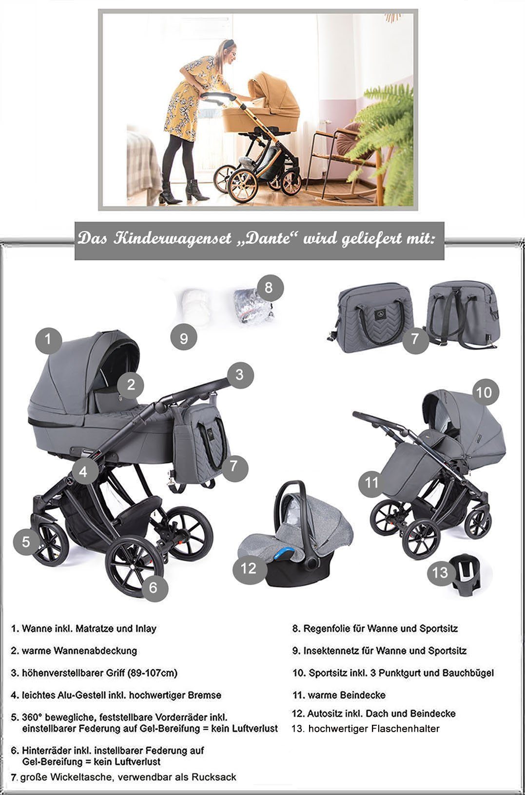 babies-on-wheels Kombi-Kinderwagen 3 in 1 Teile kupfer 13 16 Farben - Dante - in Gestell Tannengrün Kinderwagen-Set =
