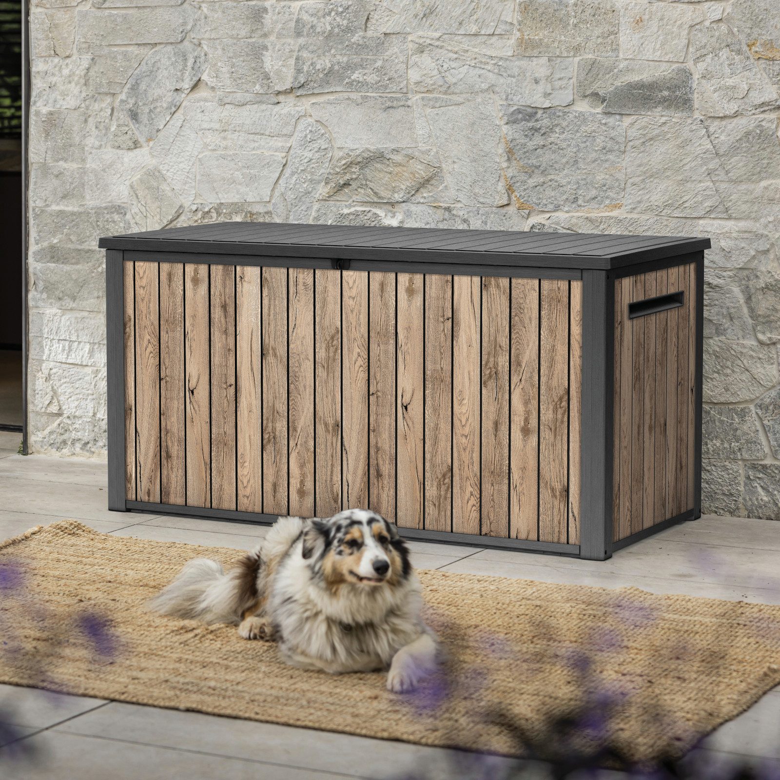 Keter Gartenbox "Sierra" 643L 144x70x73 cm Holzoptik Pinie Deckel bis 272 kg belastbar, Wasserfest, abschließbar